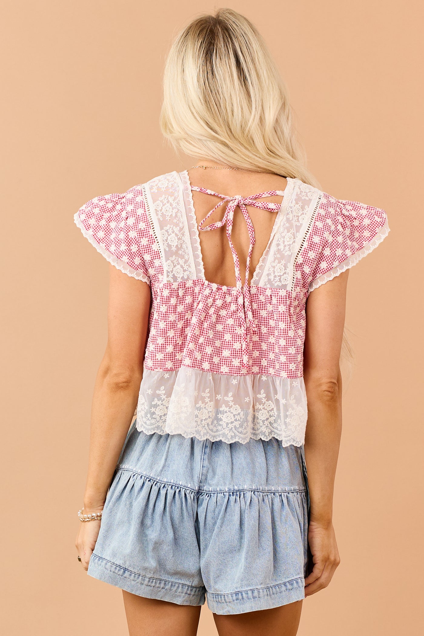 Ruby Gingham Floral Embroidered Lace Trim Top