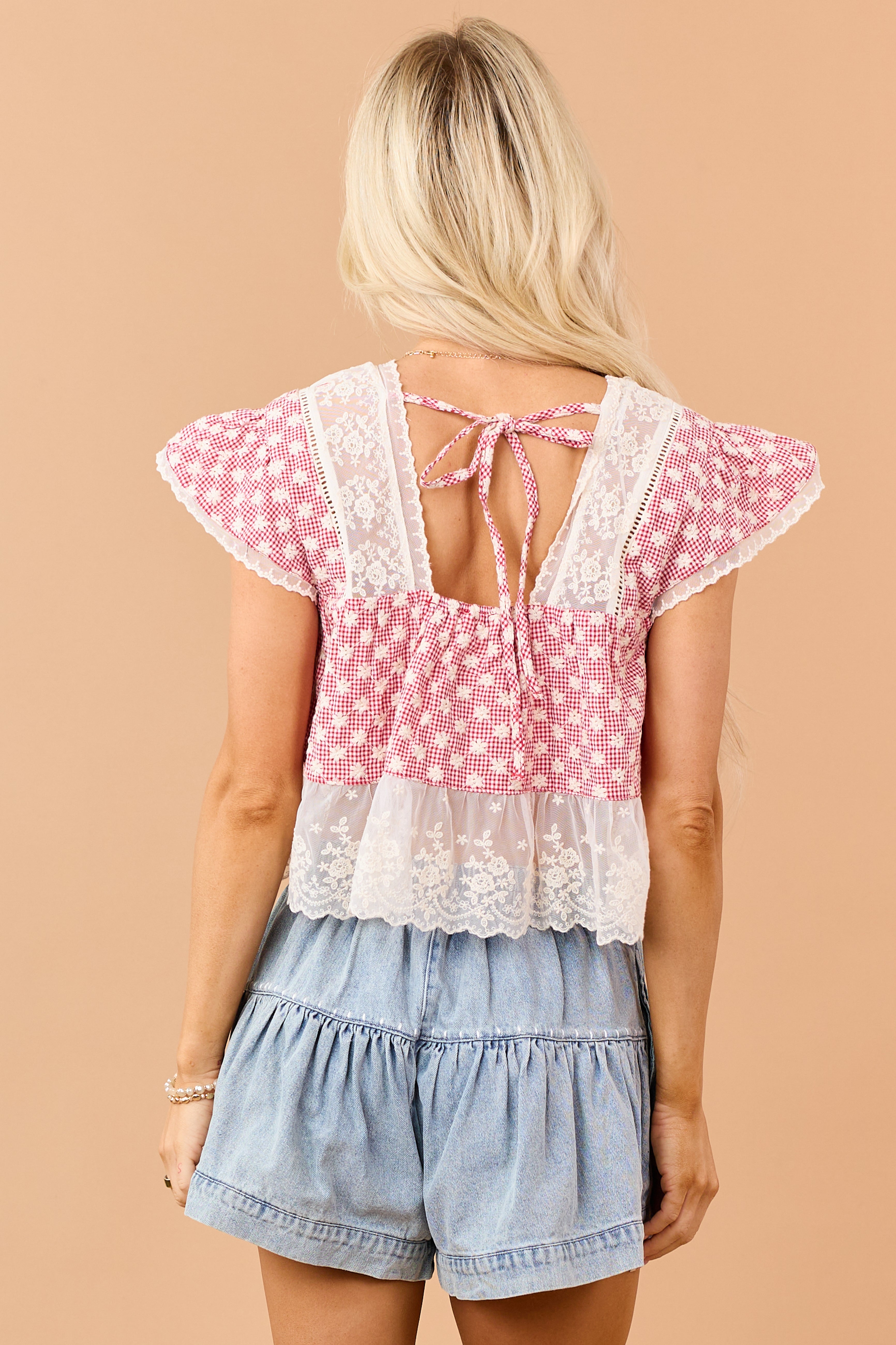 Ruby Gingham Floral Embroidered Lace Trim Top