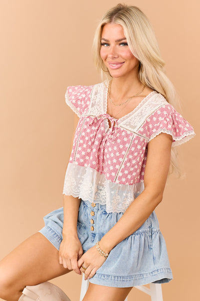 Ruby Gingham Floral Embroidered Lace Trim Top