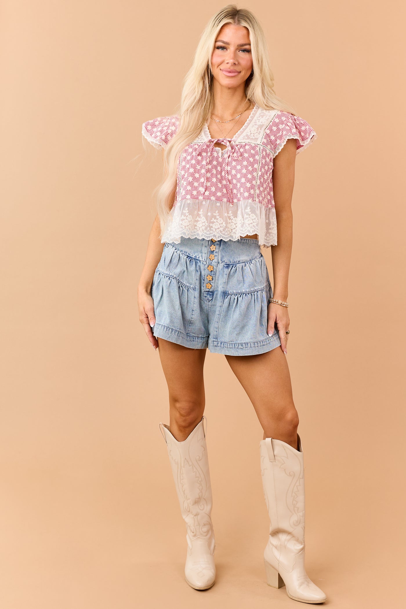Ruby Gingham Floral Embroidered Lace Trim Top