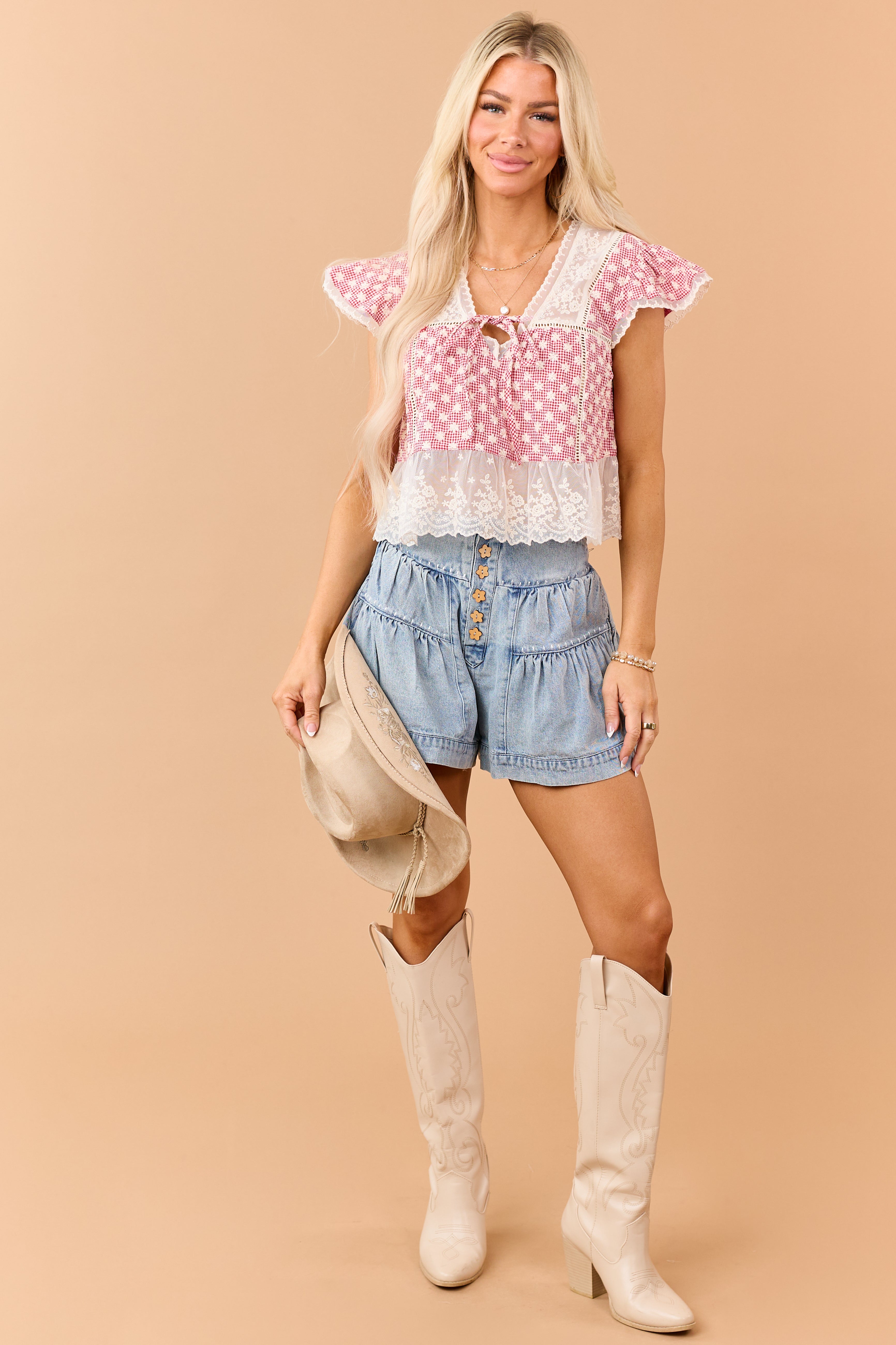 Ruby Gingham Floral Embroidered Lace Trim Top