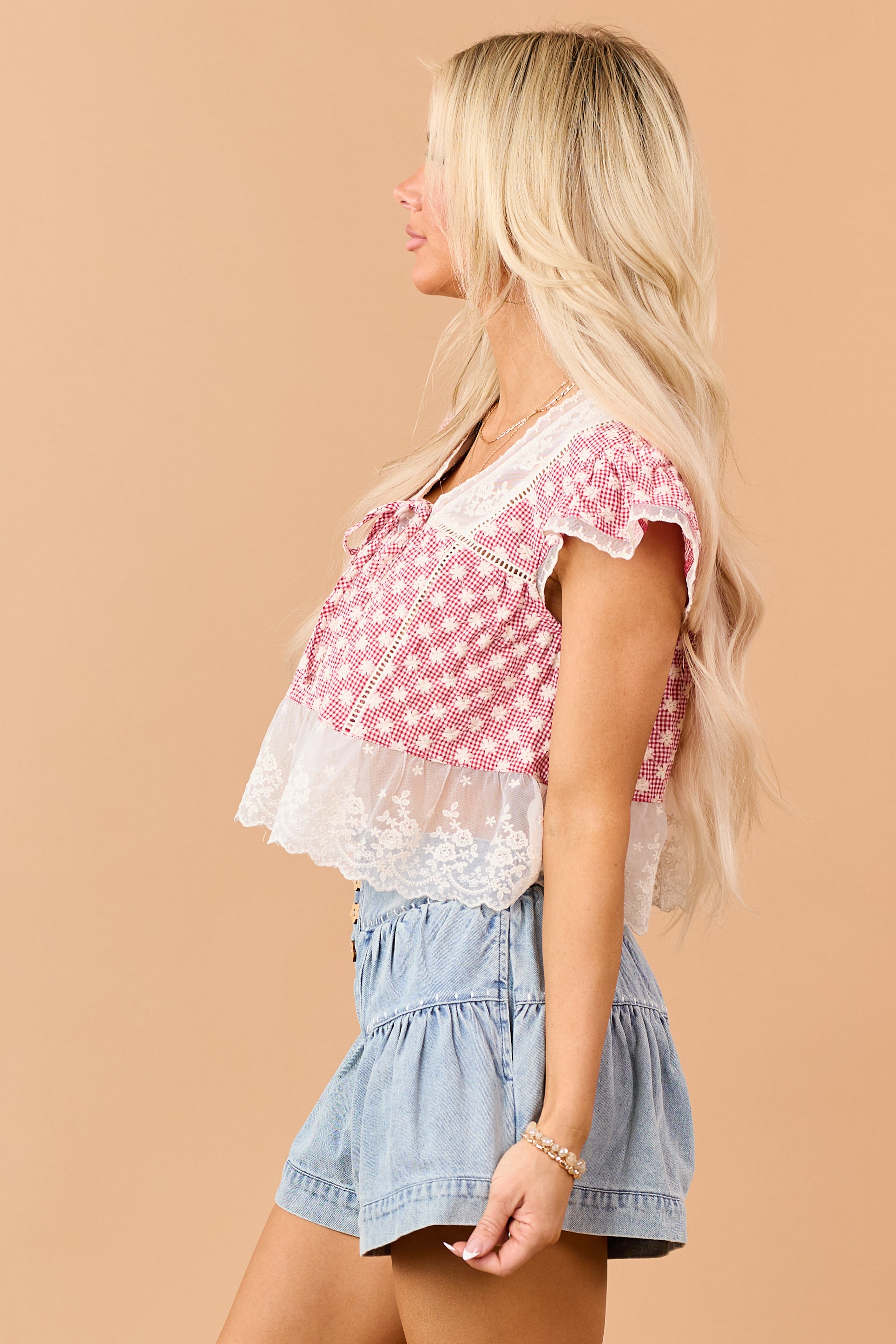 Ruby Gingham Floral Embroidered Lace Trim Top