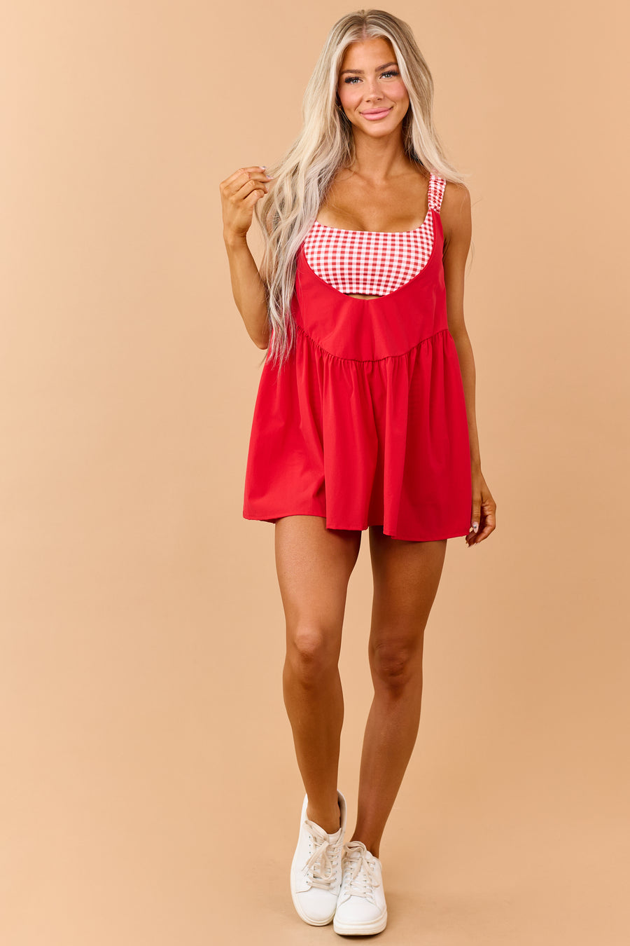 Ruby Gingham Knit Double Layered Romper