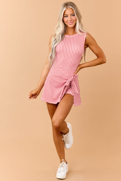 Ruby Gingham Wrap Tie Skort Romper