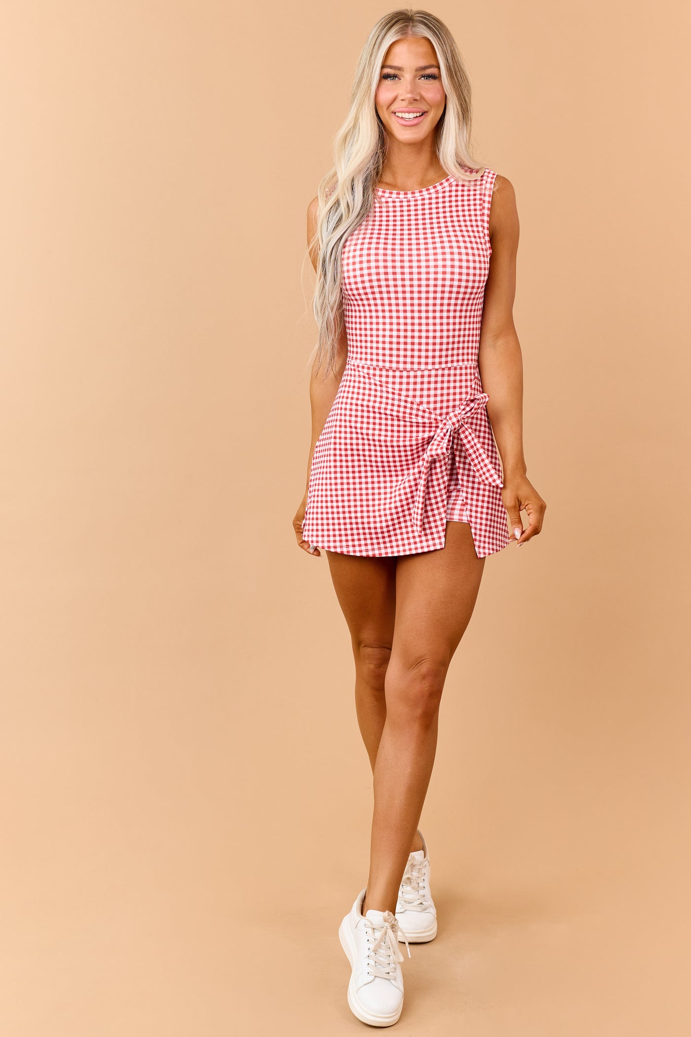 Ruby Gingham Wrap Tie Skort Romper