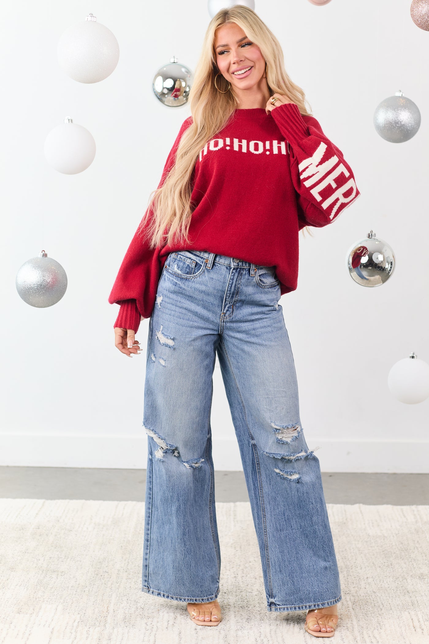 Mello Ruby 'HO HO HO' Christmas Lettering Sweater