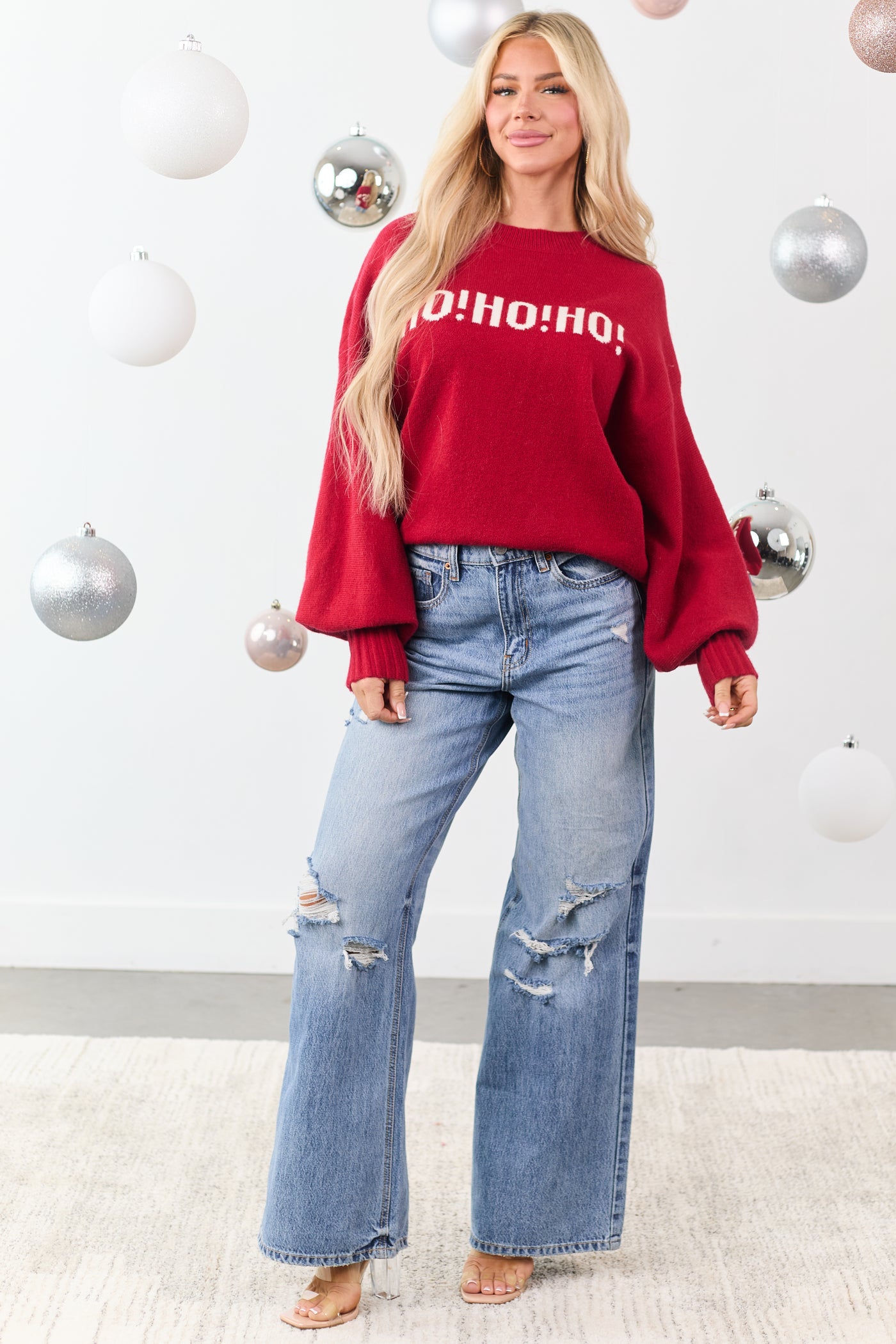 Mello Ruby 'HO HO HO' Christmas Lettering Sweater