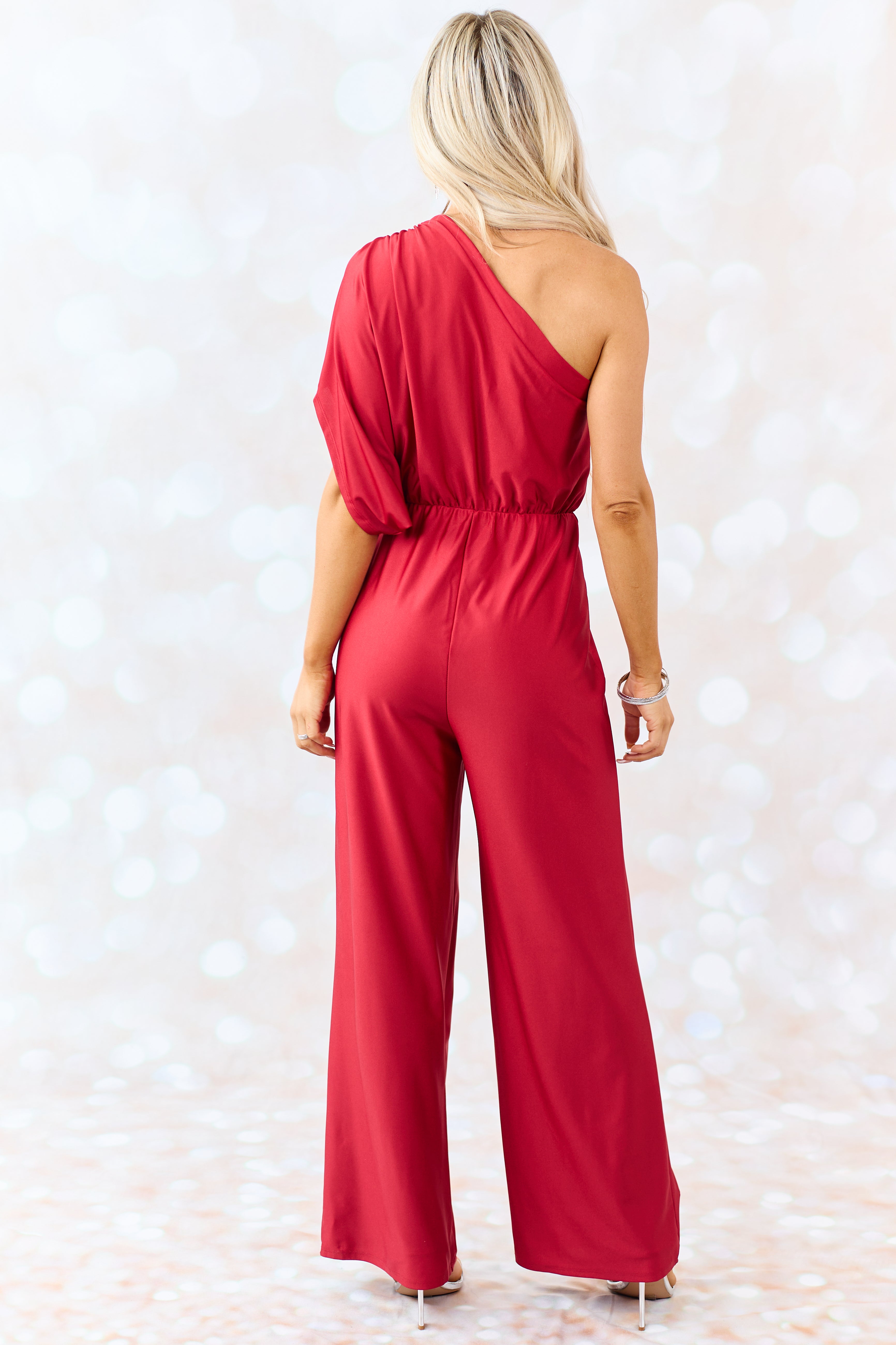 Ruby One Shoulder Elastic Waist Satin Jumpsuit | Lime Lush Boutique