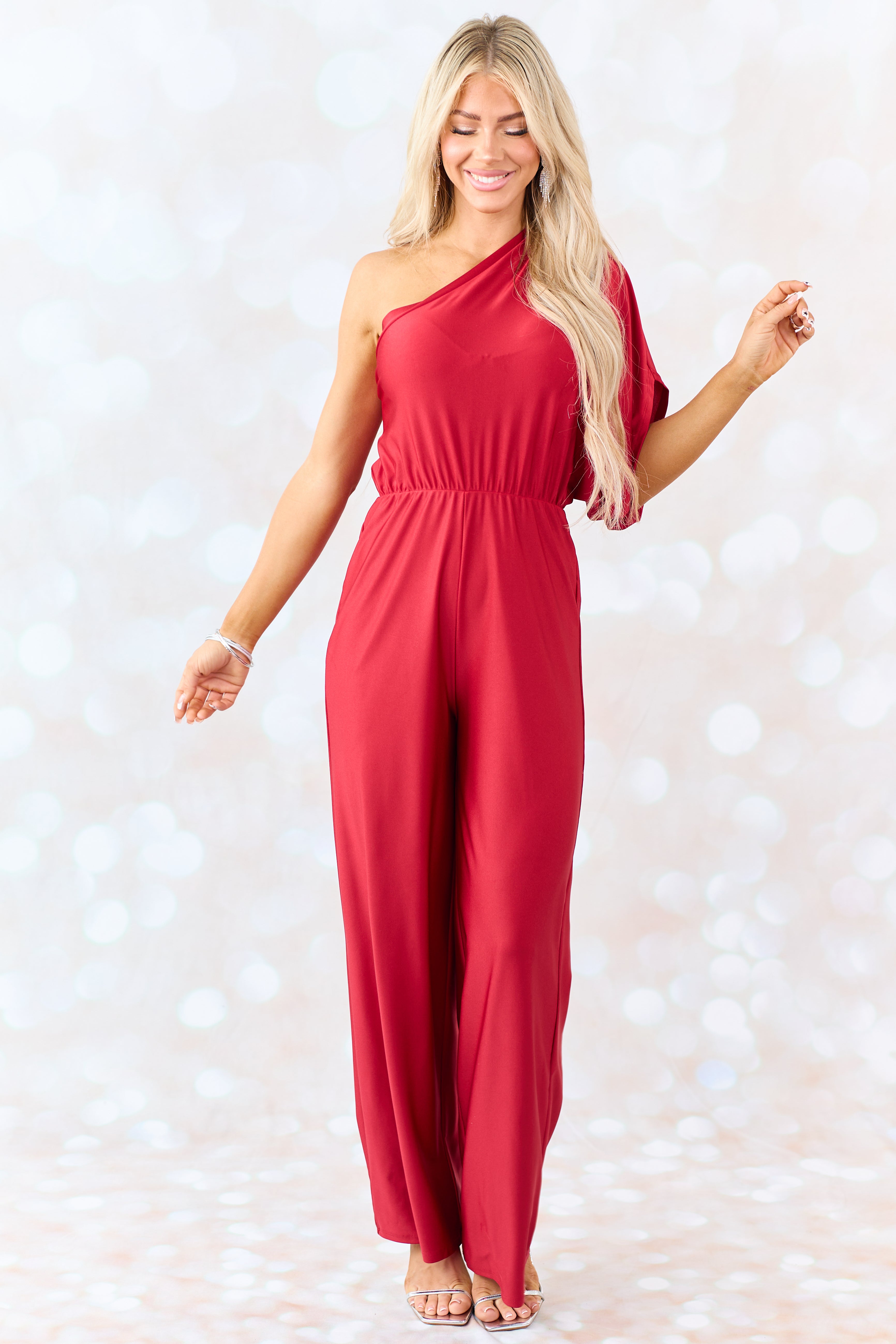 Ruby One Shoulder Elastic Waist Satin Jumpsuit | Lime Lush Boutique