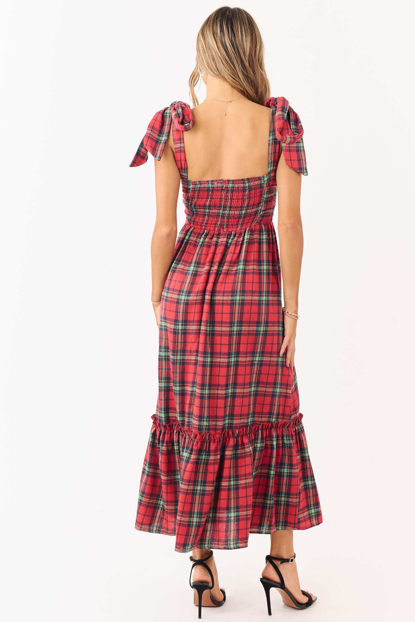 Ruby Plaid Tie Strap Sweetheart Midi Dress