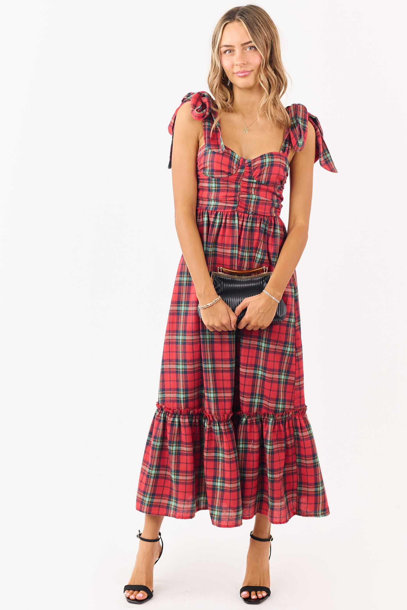 Ruby Plaid Tie Strap Sweetheart Midi Dress