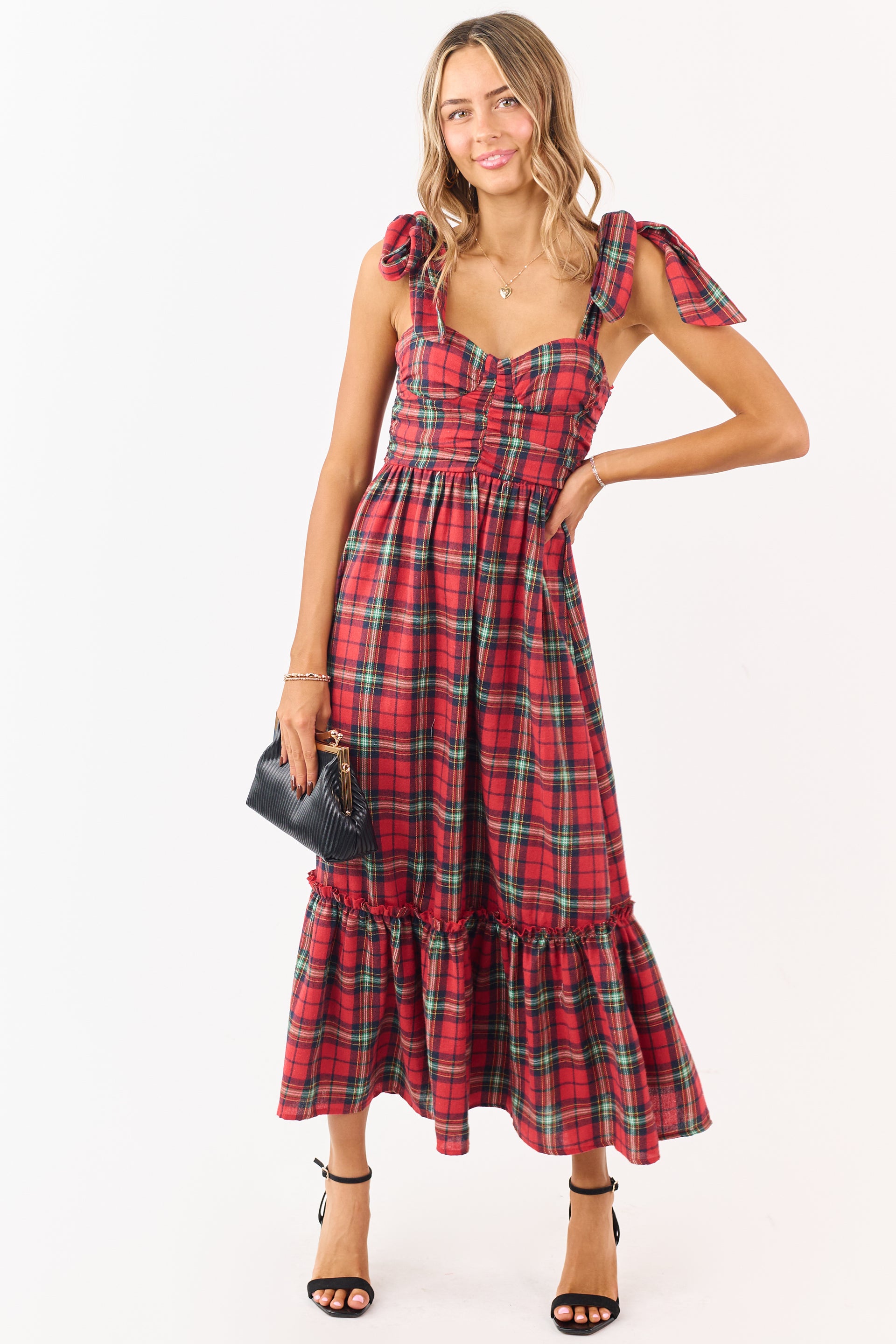 Ruby Plaid Tie Strap Sweetheart Midi Dress