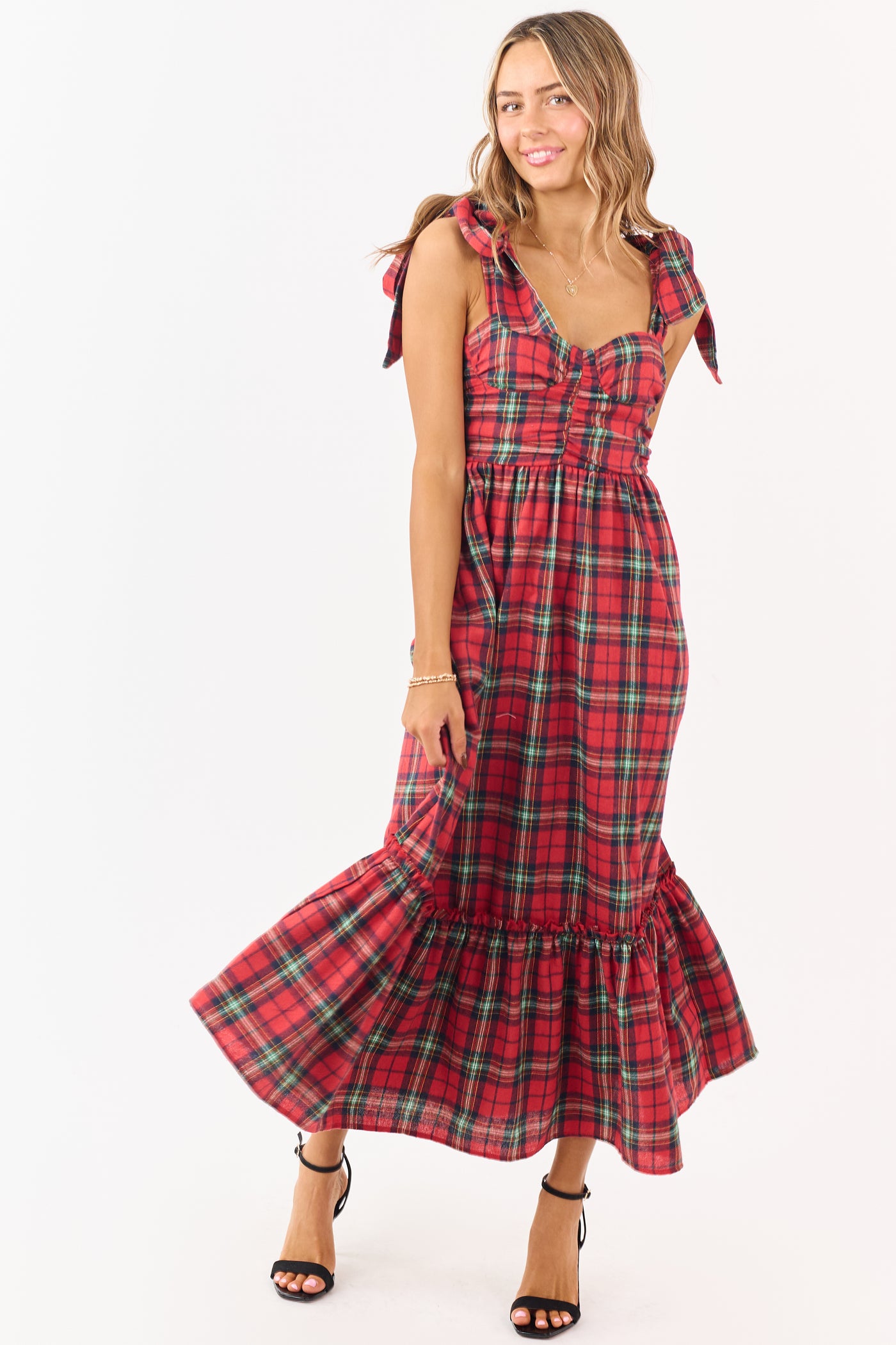 Ruby Plaid Tie Strap Sweetheart Midi Dress