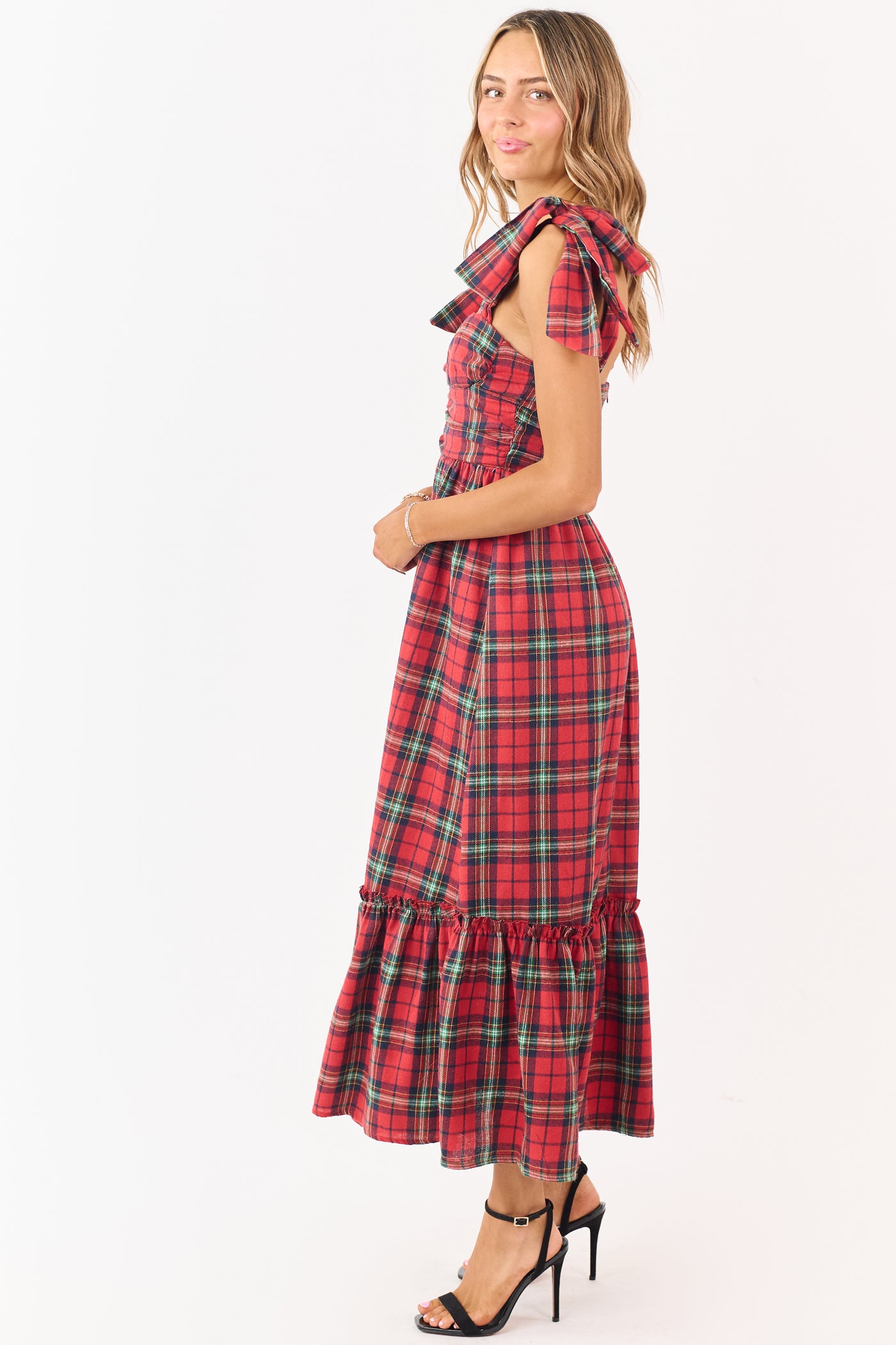 Ruby Plaid Tie Strap Sweetheart Midi Dress