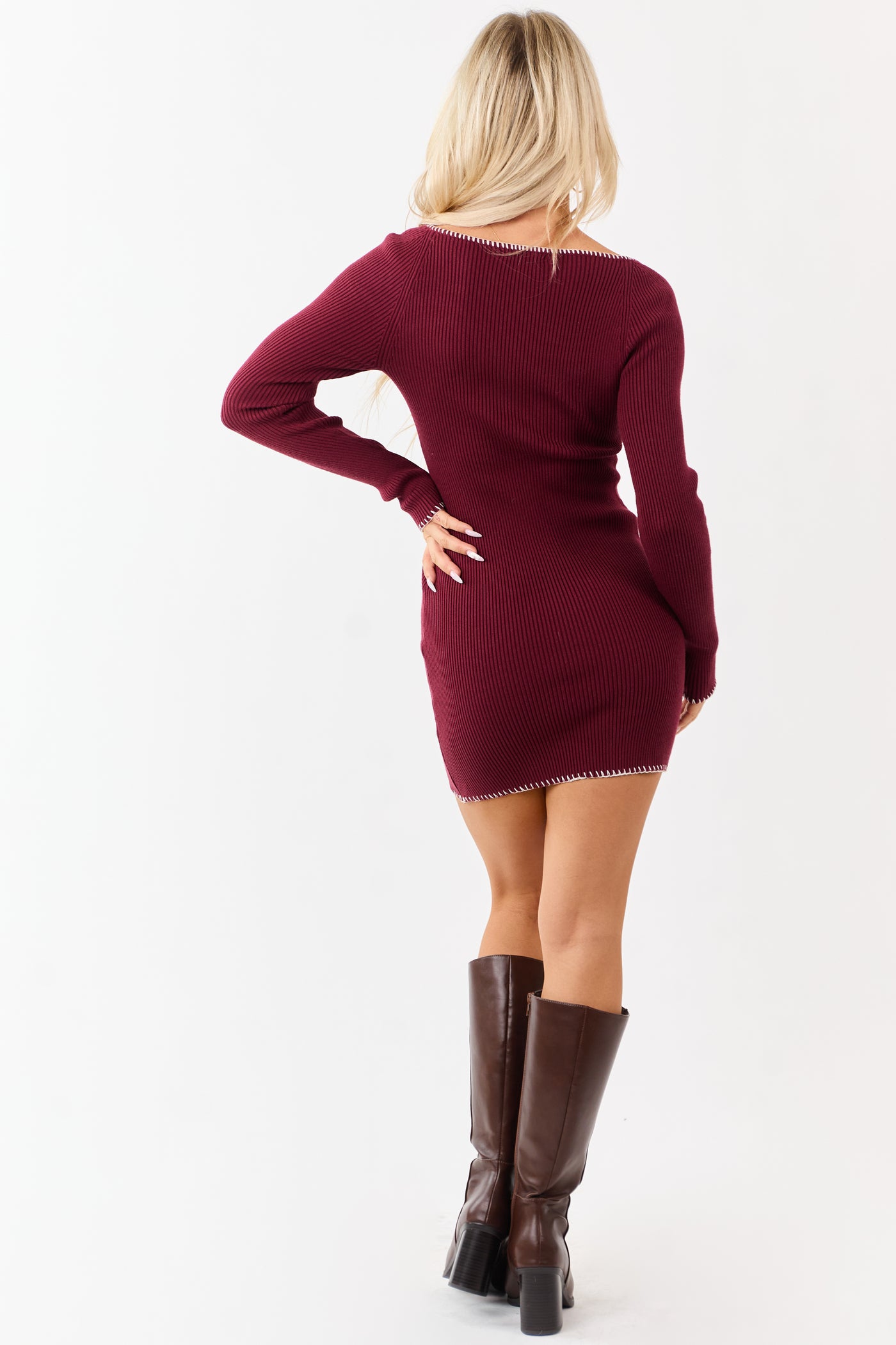 Ruby Rib Knit Contrast Stitch Mini Sweater Dress Ruby Rib Knit Contrast Stitch Mini Sweater Dress