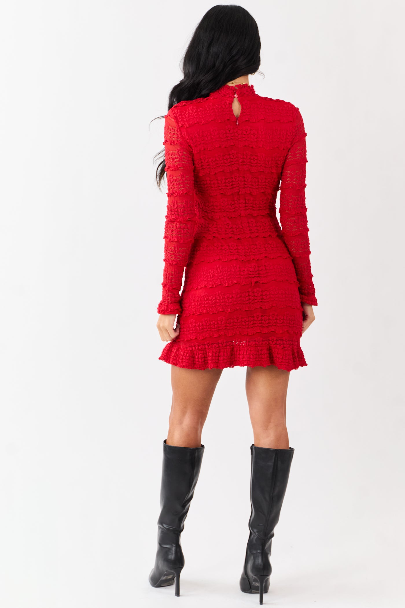 Ruby Ruffle Lace Mock Neck Long Sleeve Mini Dress