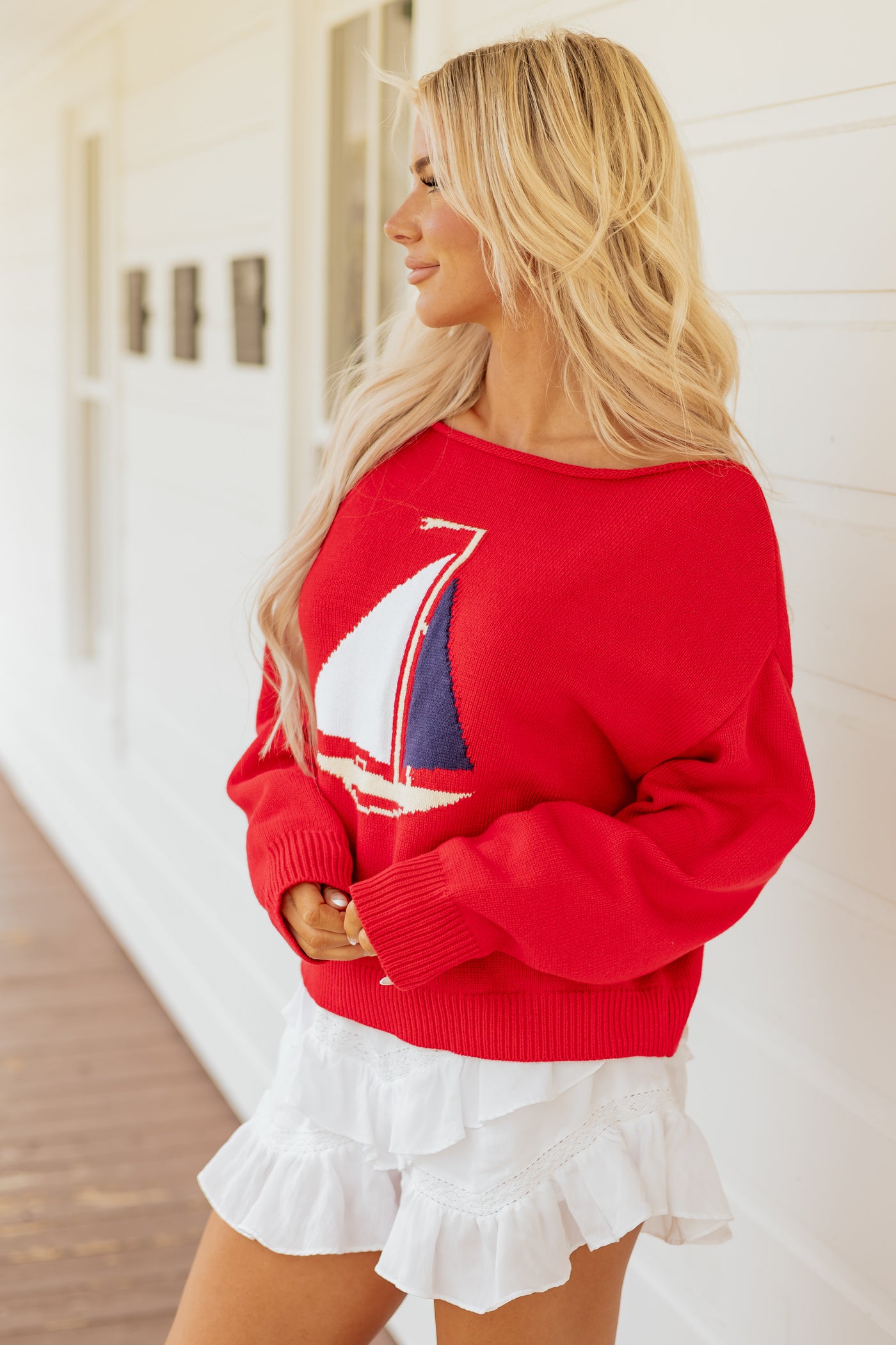 Ruby Sailboat Graphic Boatneck Sweater