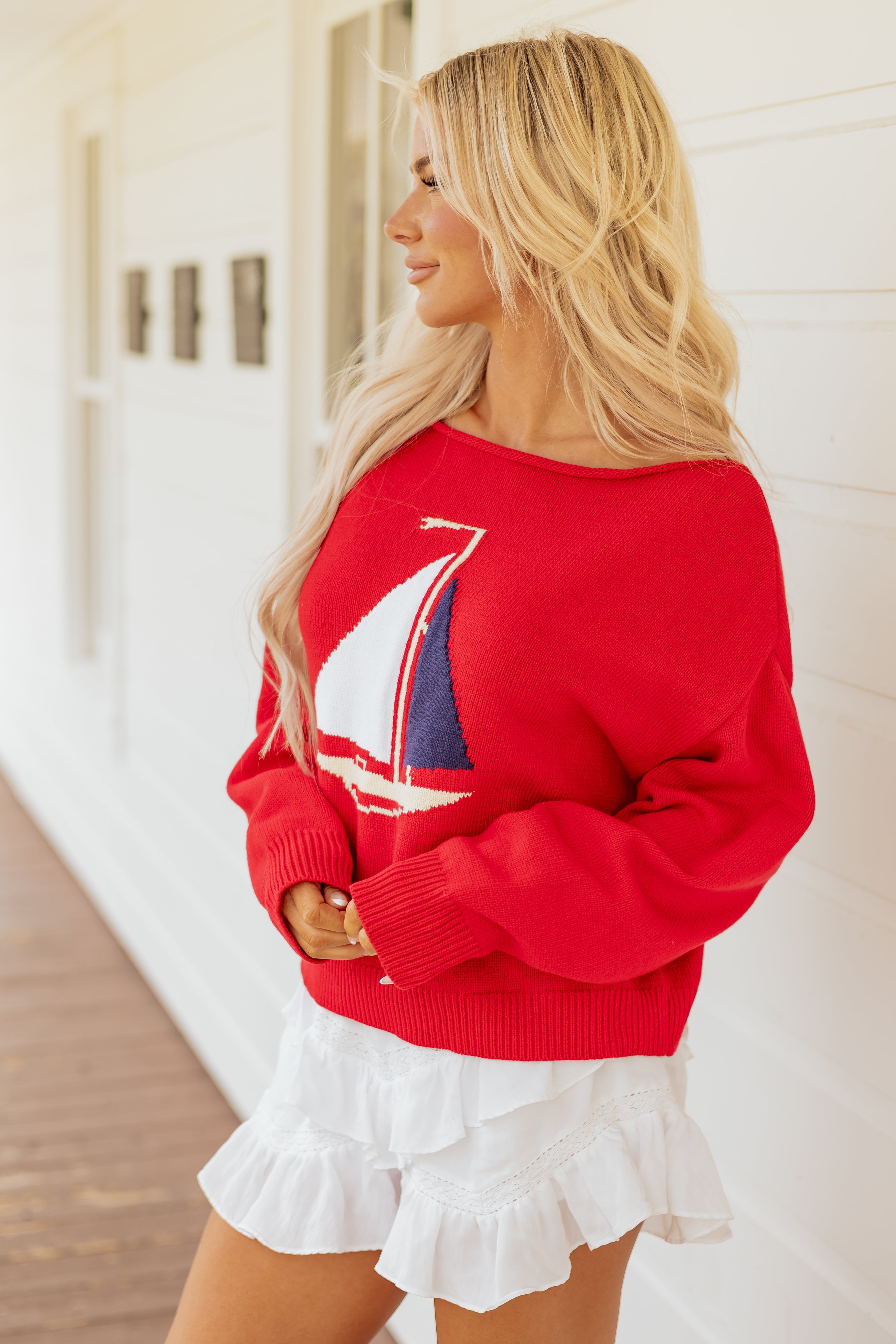 Ruby Sailboat Graphic Boatneck Sweater