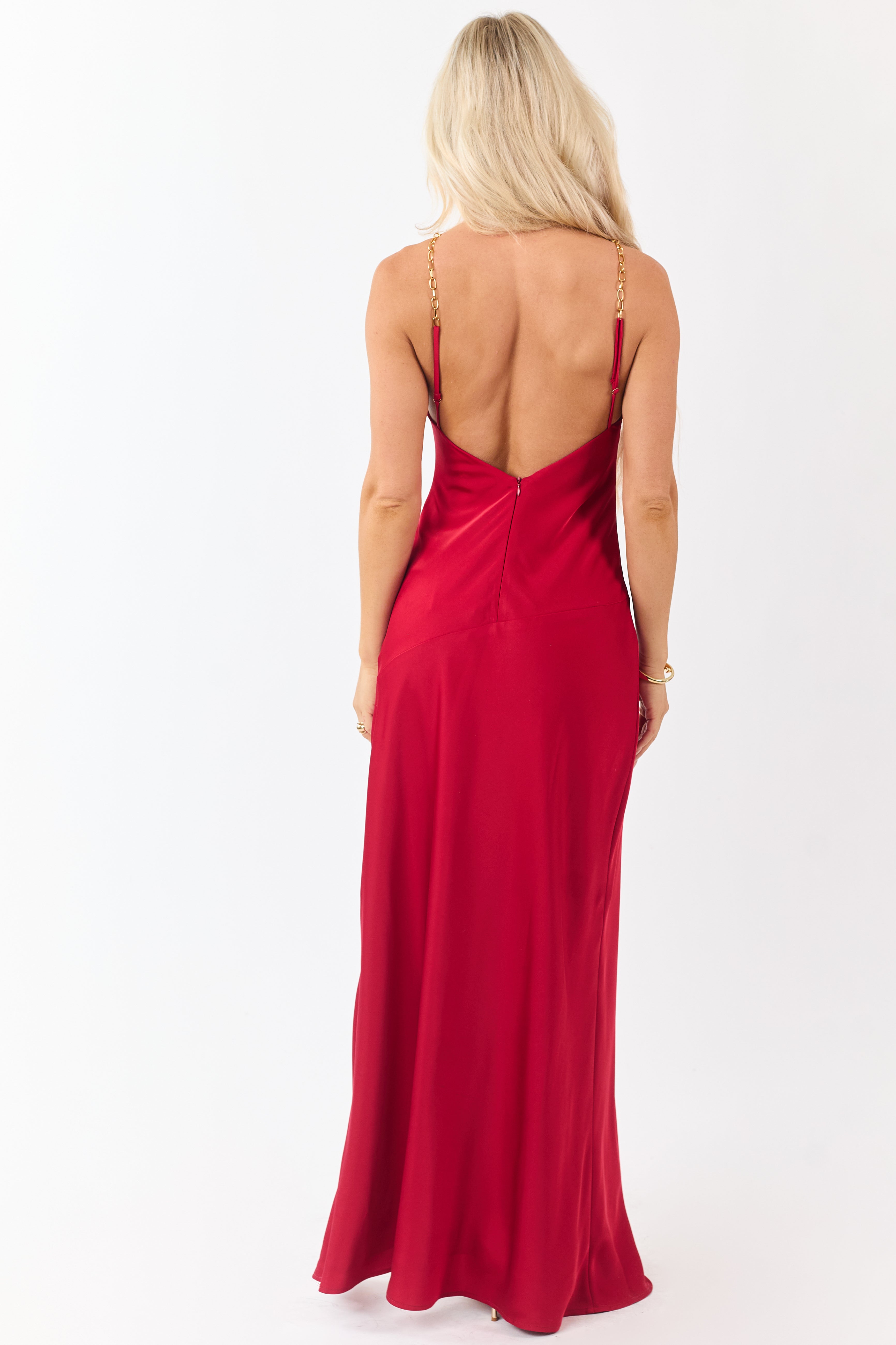 Ruby Satin Chain Halter Neck Backless Maxi Dress