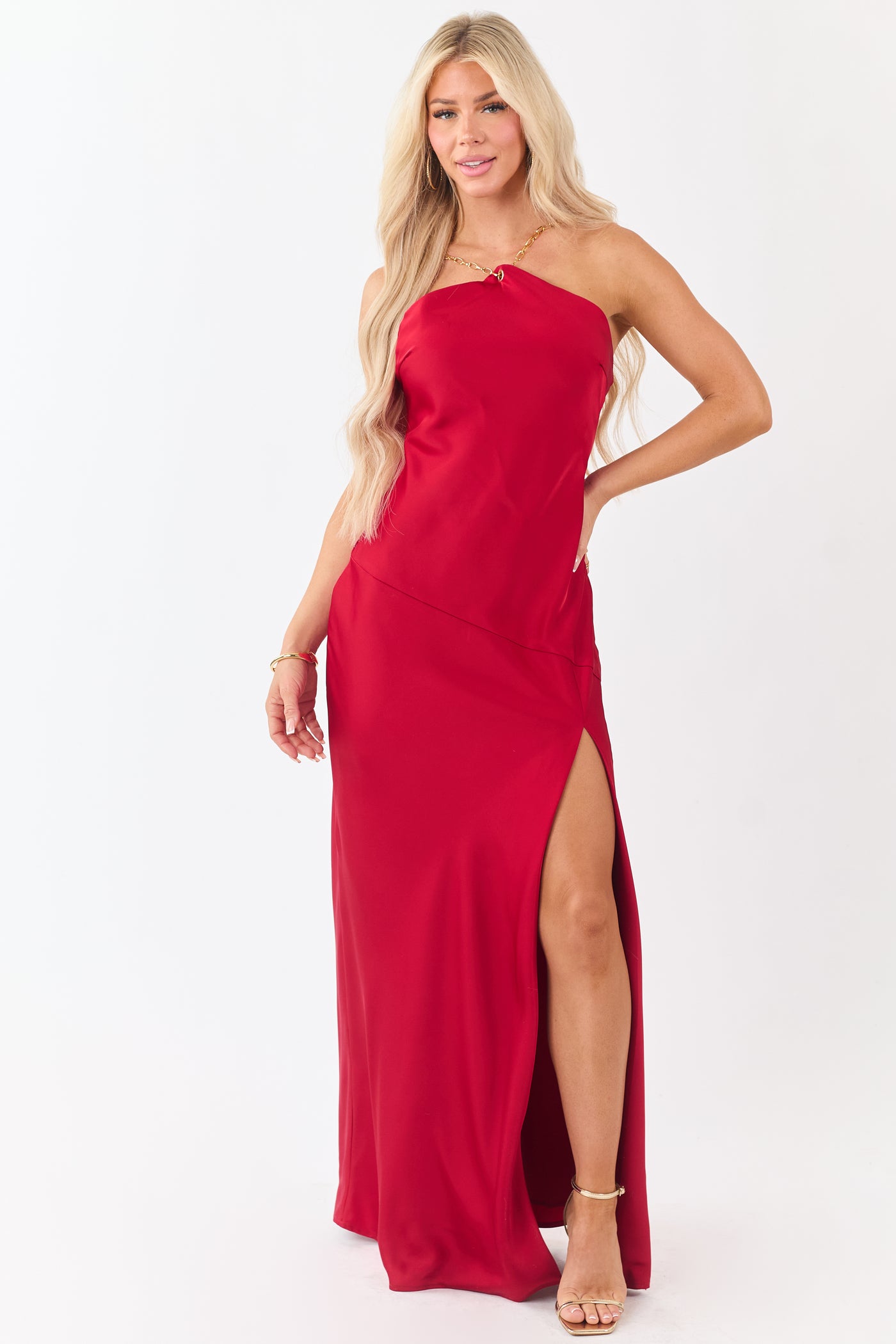 Ruby Satin Chain Halter Neck Backless Maxi Dress