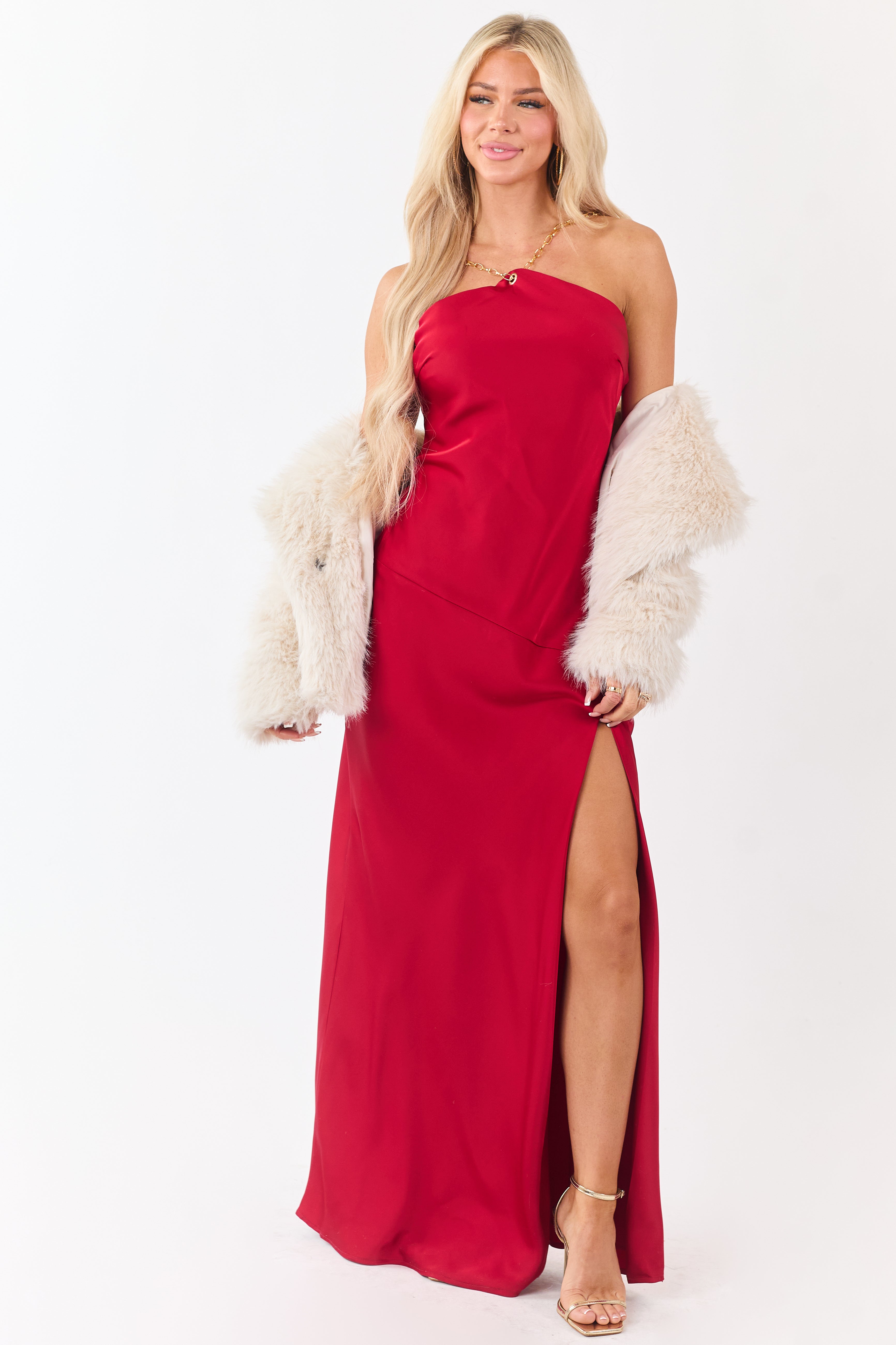 Ruby Satin Chain Halter Neck Backless Maxi Dress