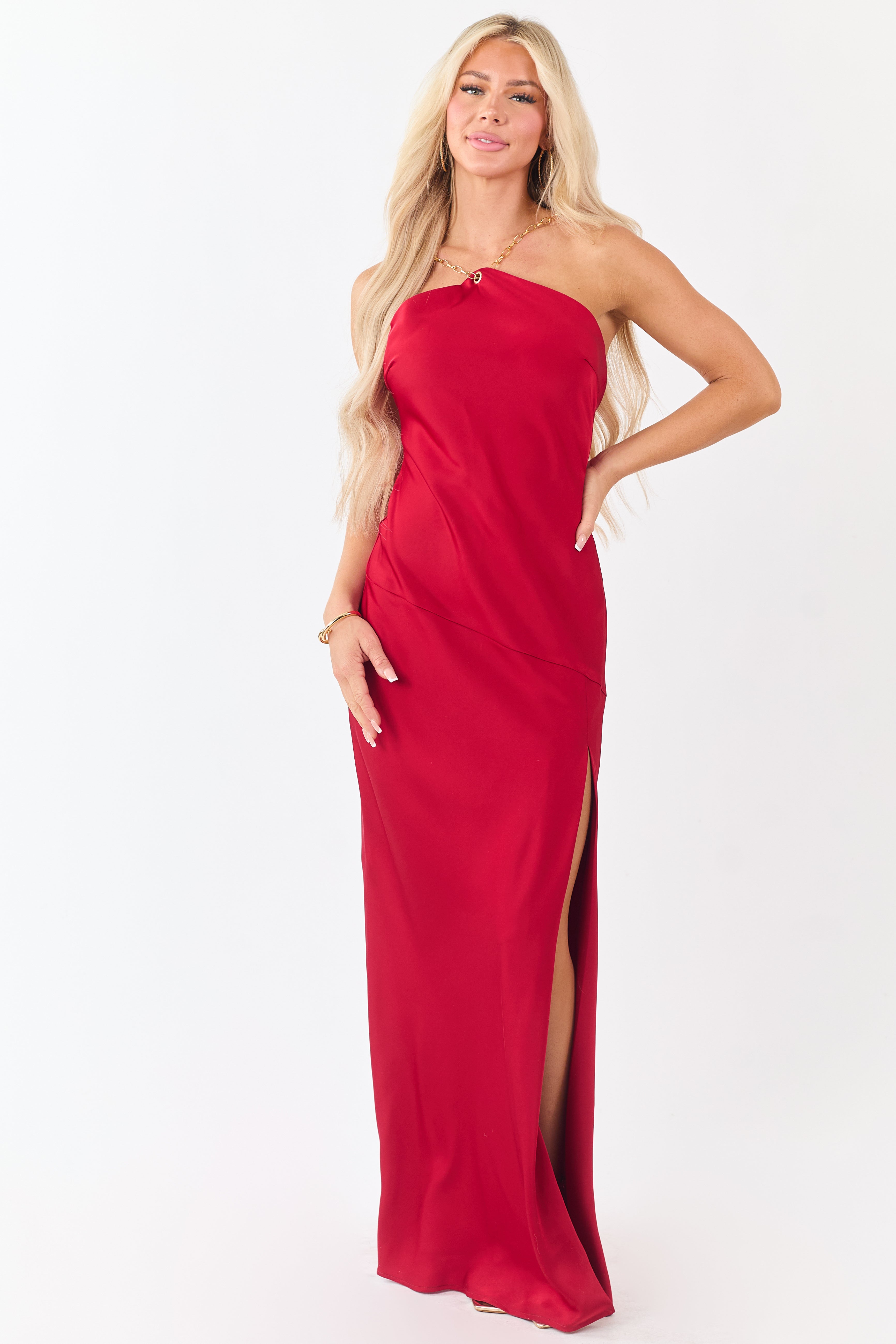 Ruby Satin Chain Halter Neck Backless Maxi Dress