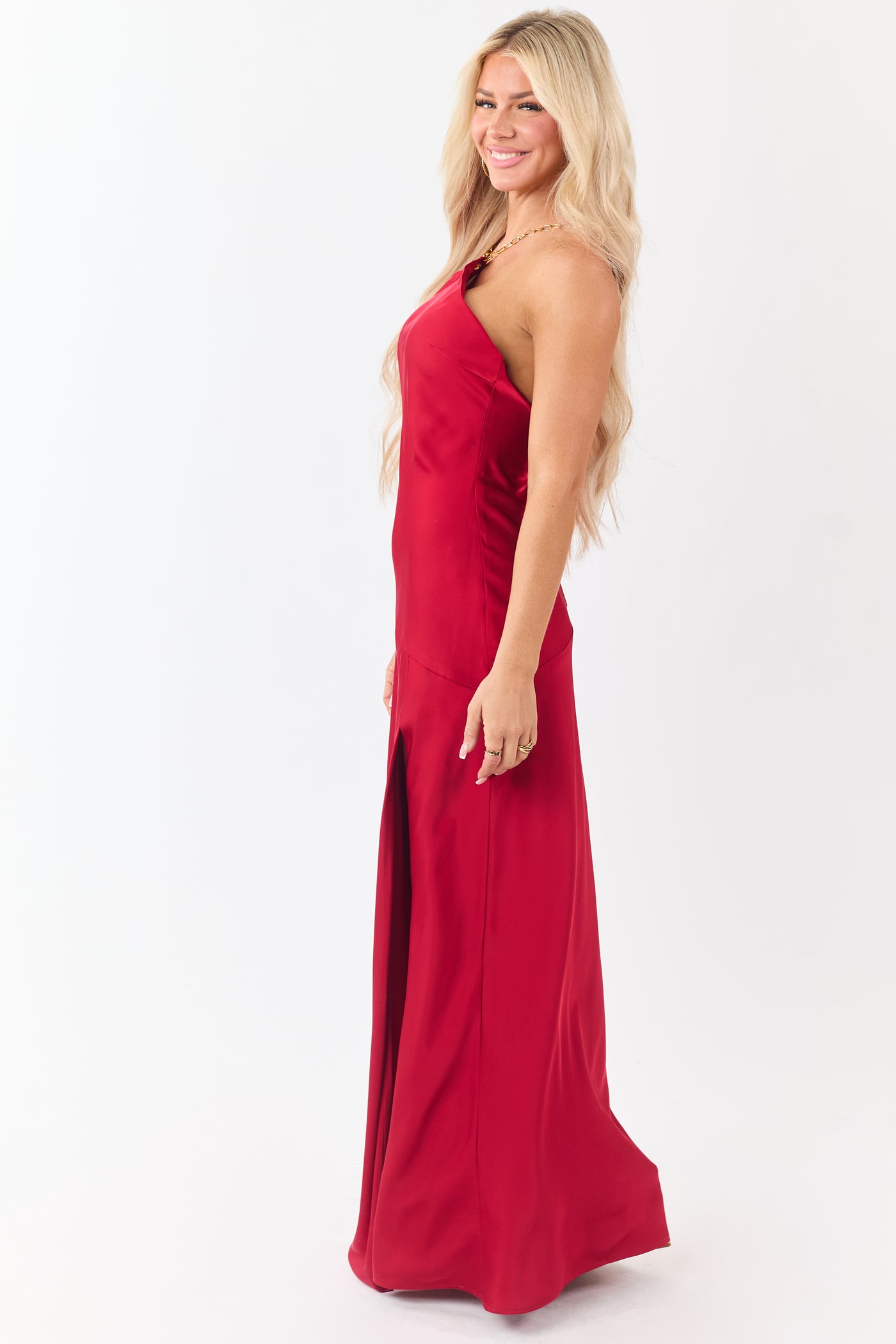 Ruby Satin Chain Halter Neck Backless Maxi Dress