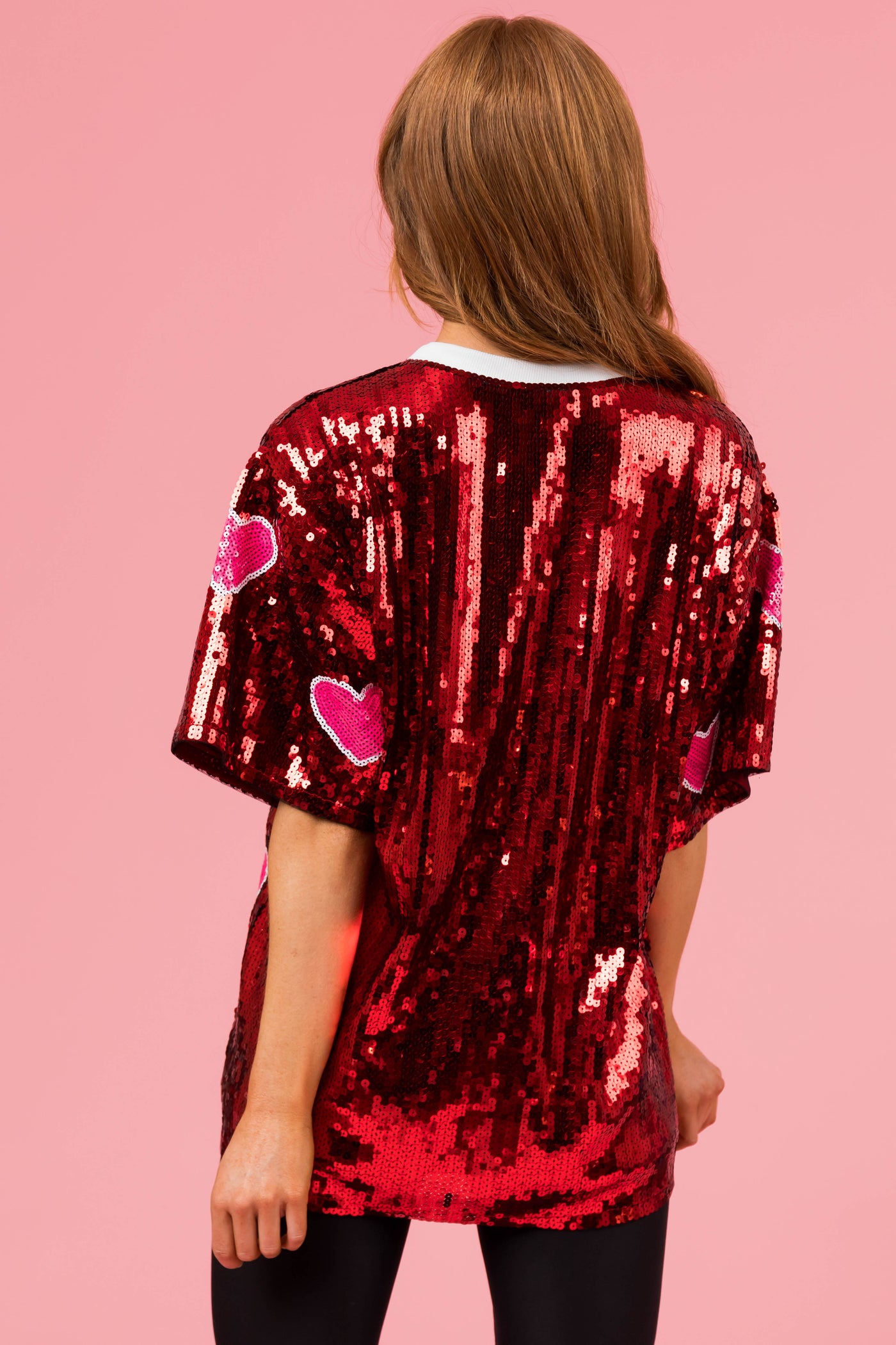 Ruby Sequined Heart Pattern Half Sleeve Top