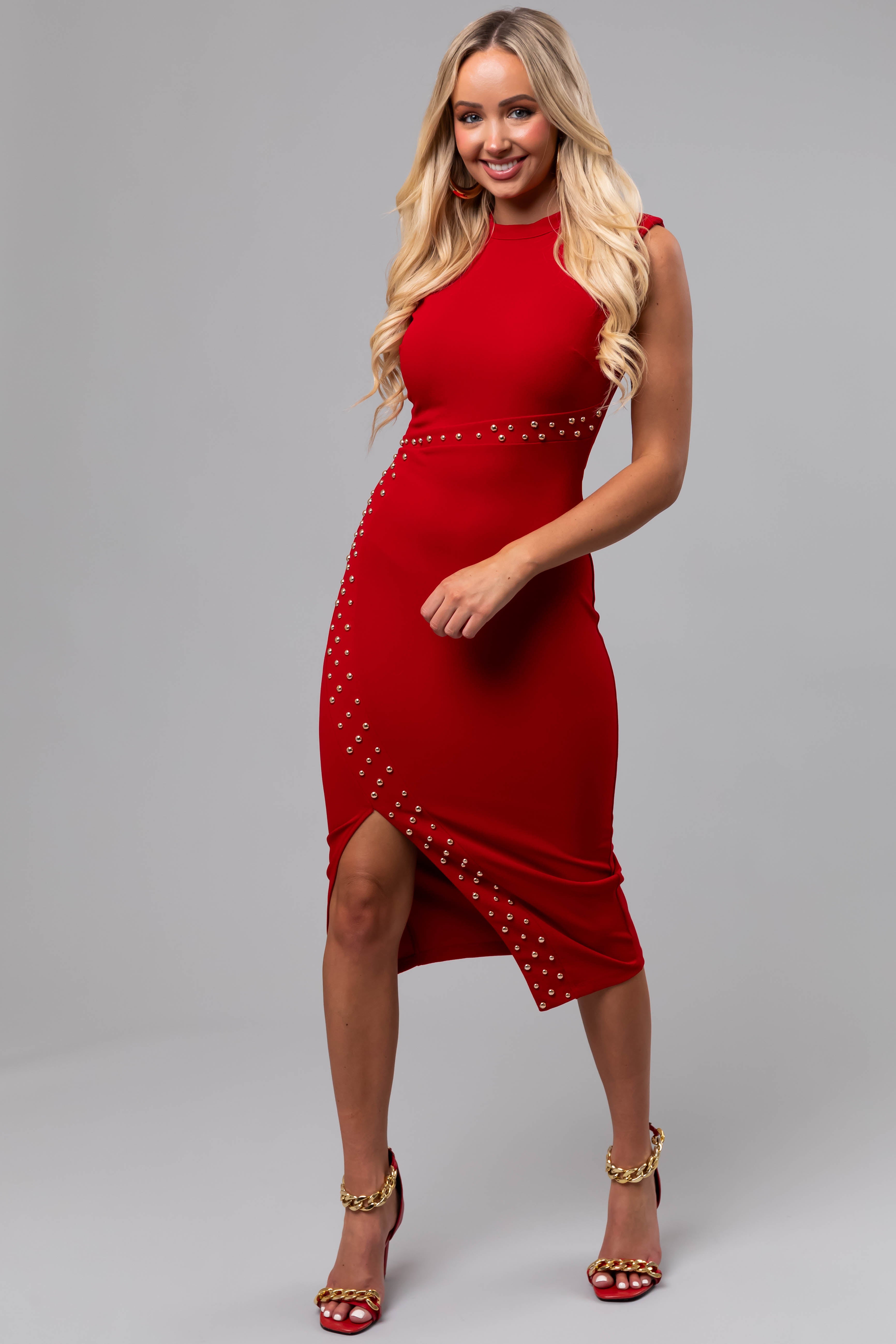 Ruby Sleeveless Gold Stud Side Slit Midi Dress Ruby Sleeveless Gold Stud Side Slit Midi Dress