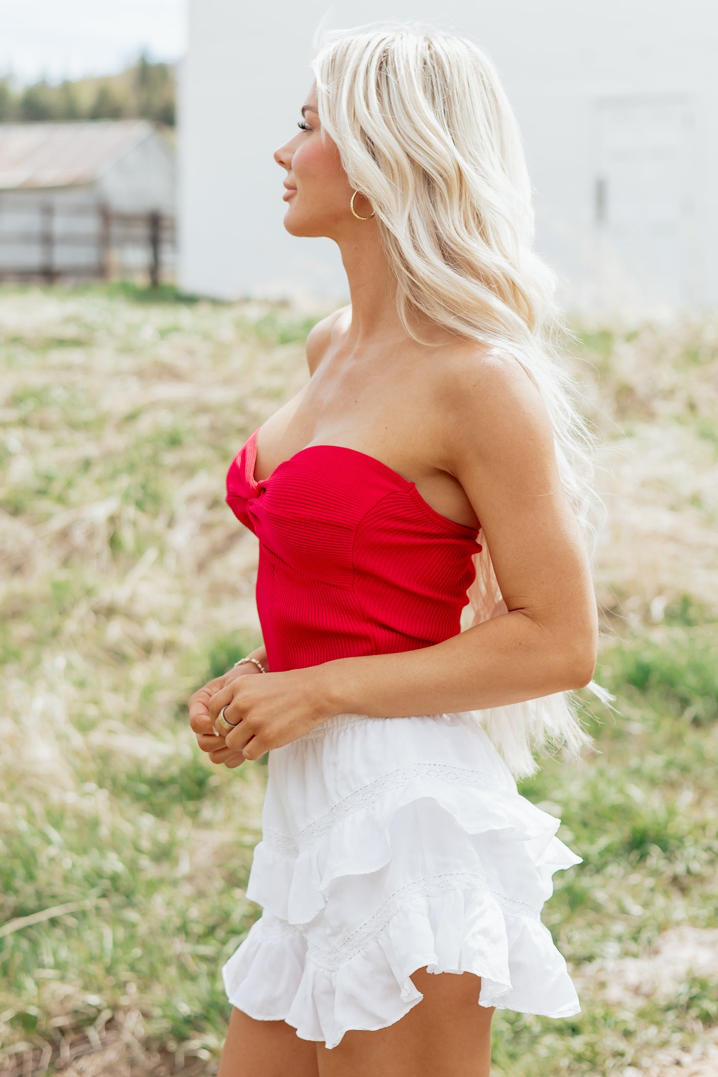 Ruby Strapless Rib Knit Twist Bust Crop Top