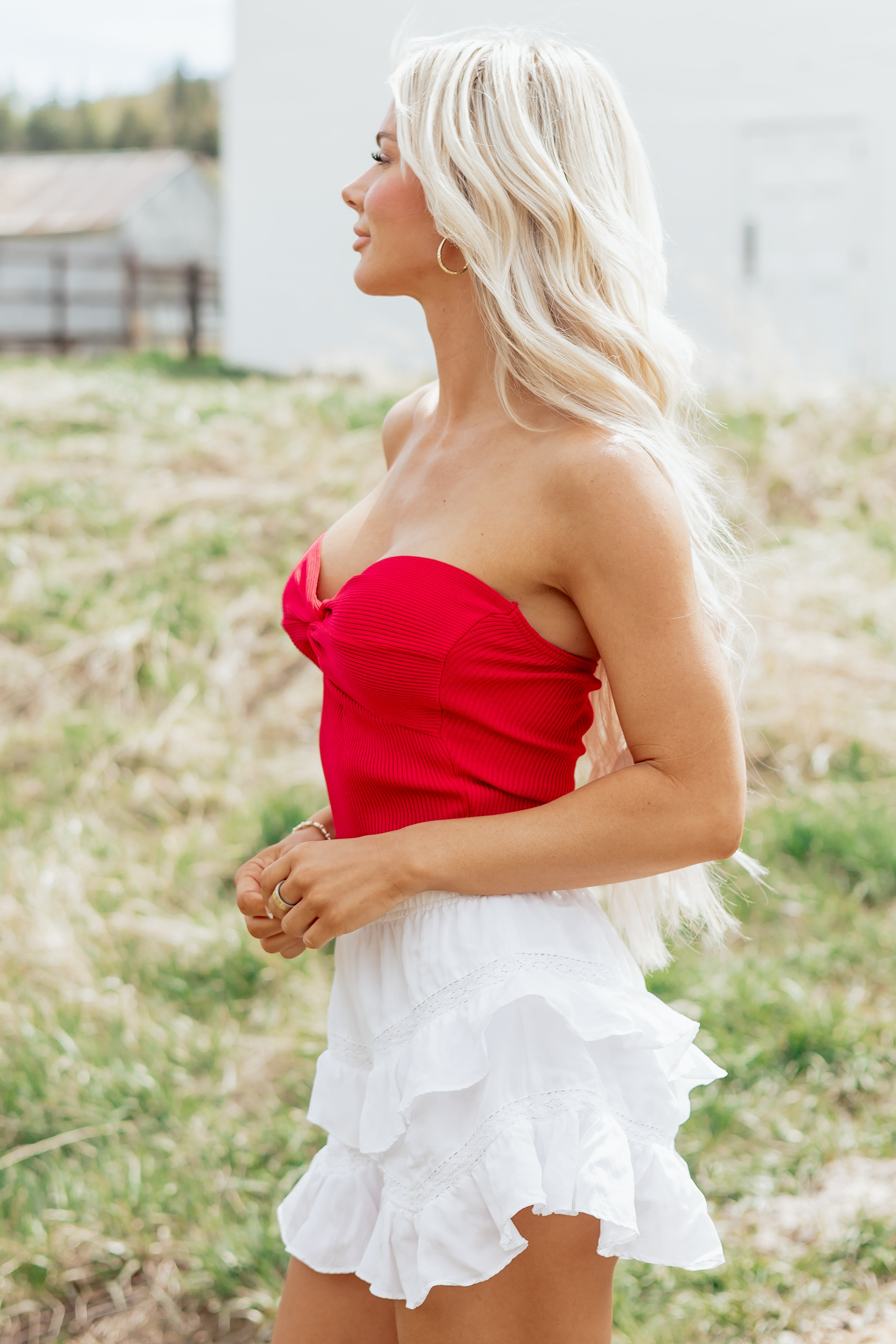 Ruby Strapless Rib Knit Twist Bust Crop Top