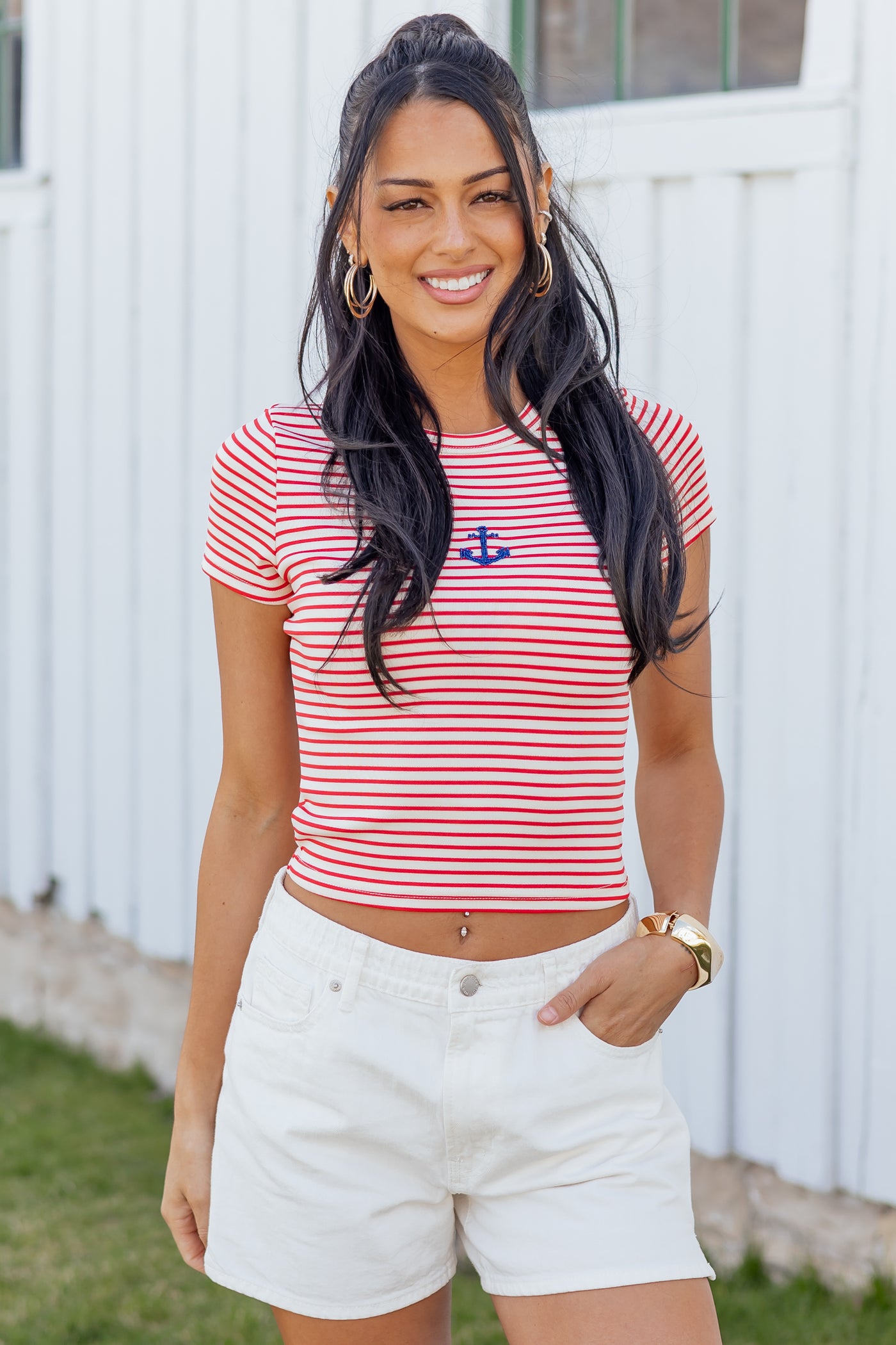 Ruby Striped Beaded Anchor Short Sleeve Knit Tee