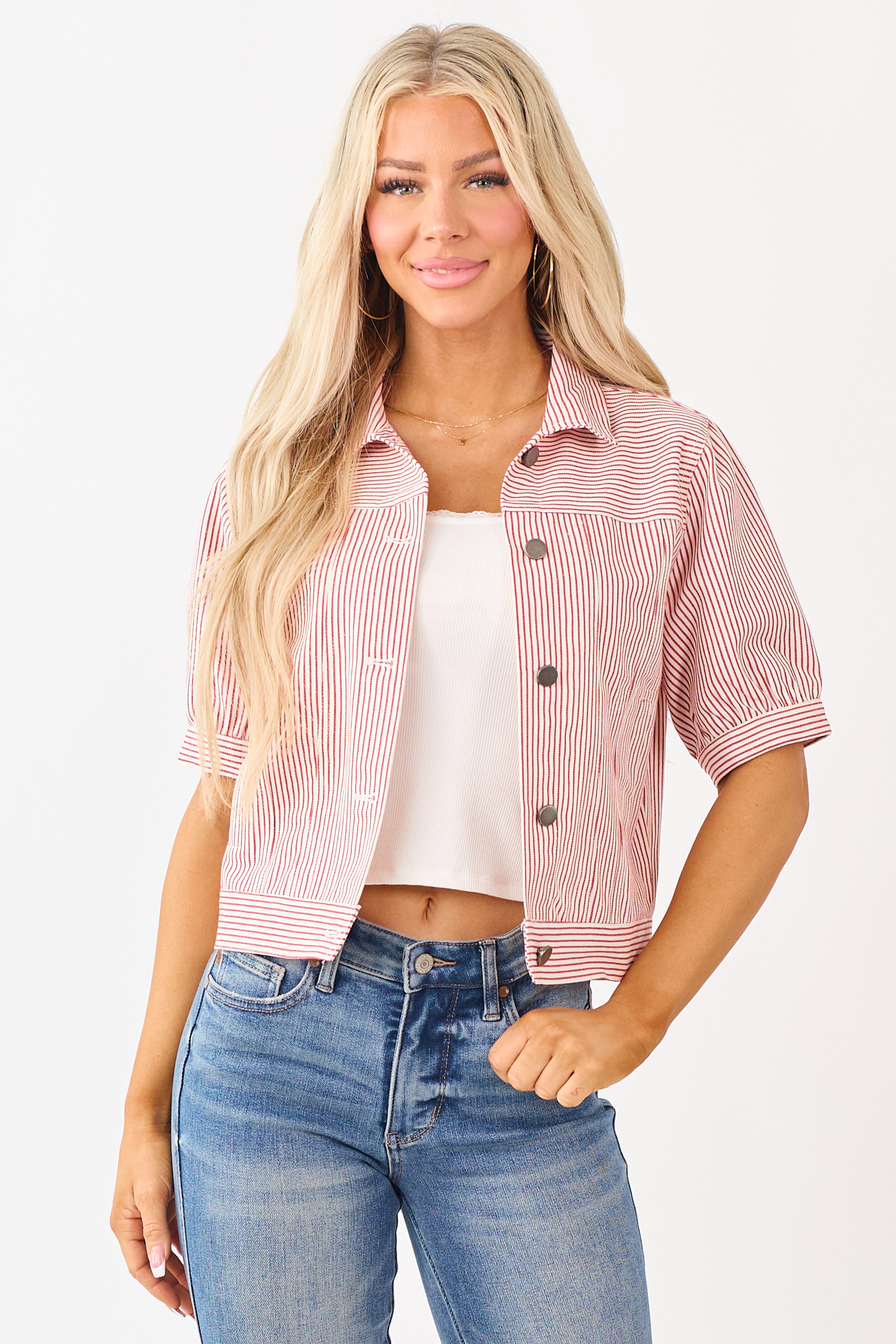 Ruby Striped Denim Button Down Short Sleeve Top
