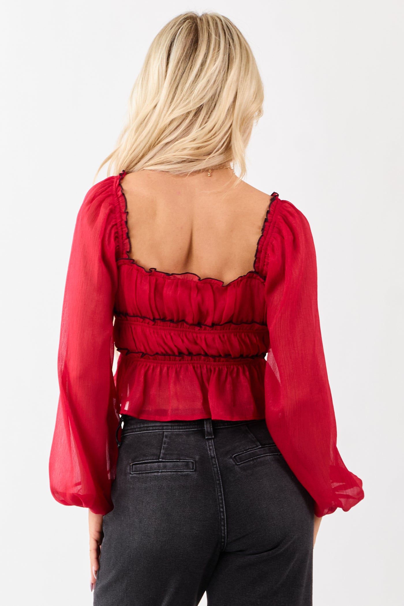 Ruby Tiered Bow Detail Lettuce Trim Long Sleeve Top