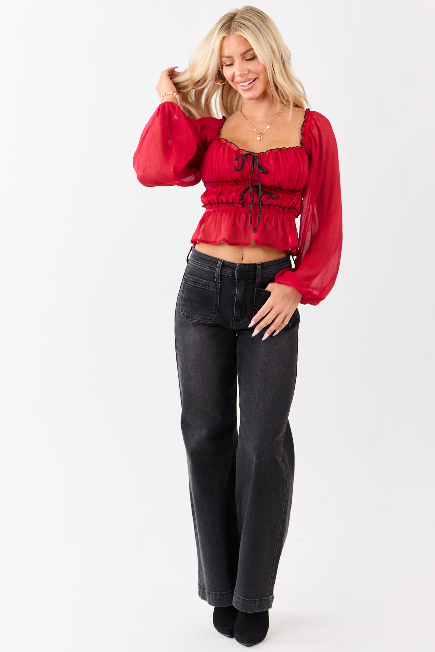 Ruby Tiered Bow Detail Lettuce Trim Long Sleeve Top