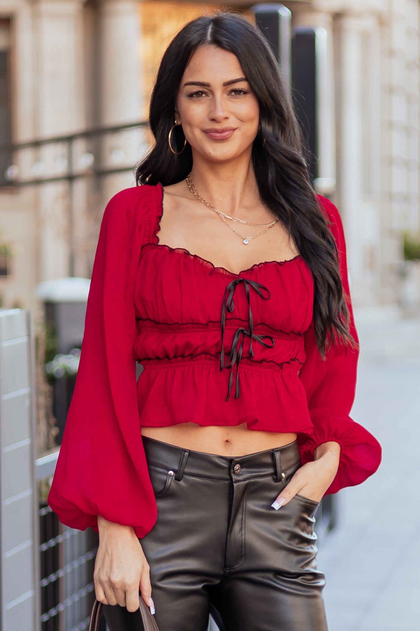 Ruby Tiered Bow Detail Lettuce Trim Long Sleeve Top