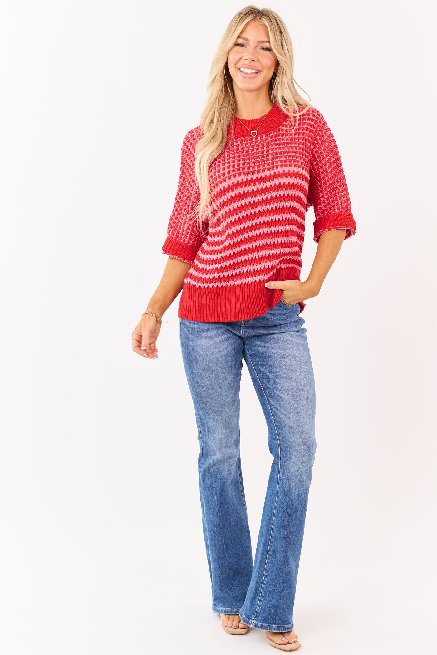 Ruby Two Tone Open Knit Drape Sleeve Slouchy Sweater