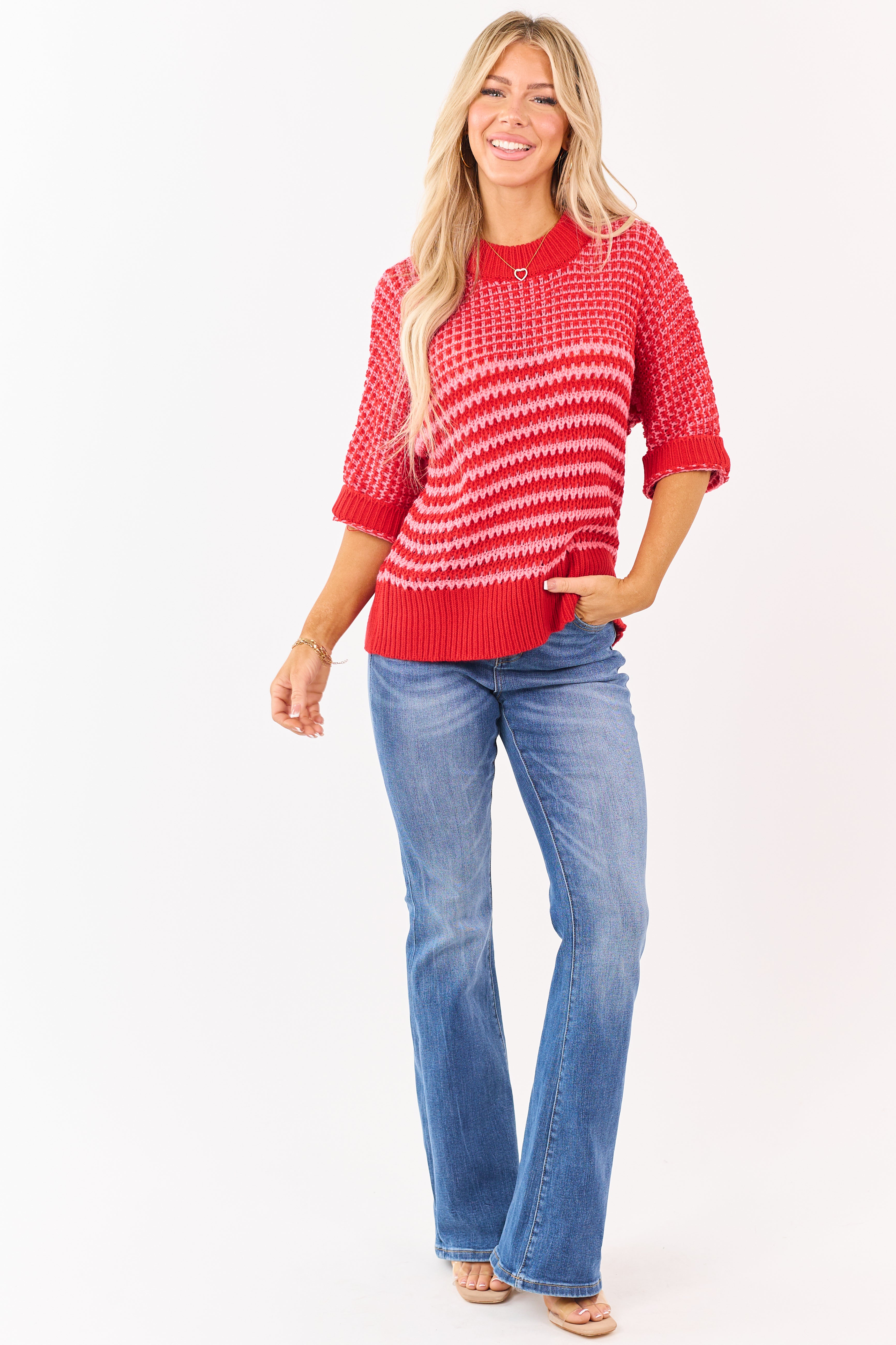 Ruby Two Tone Open Knit Drape Sleeve Slouchy Sweater