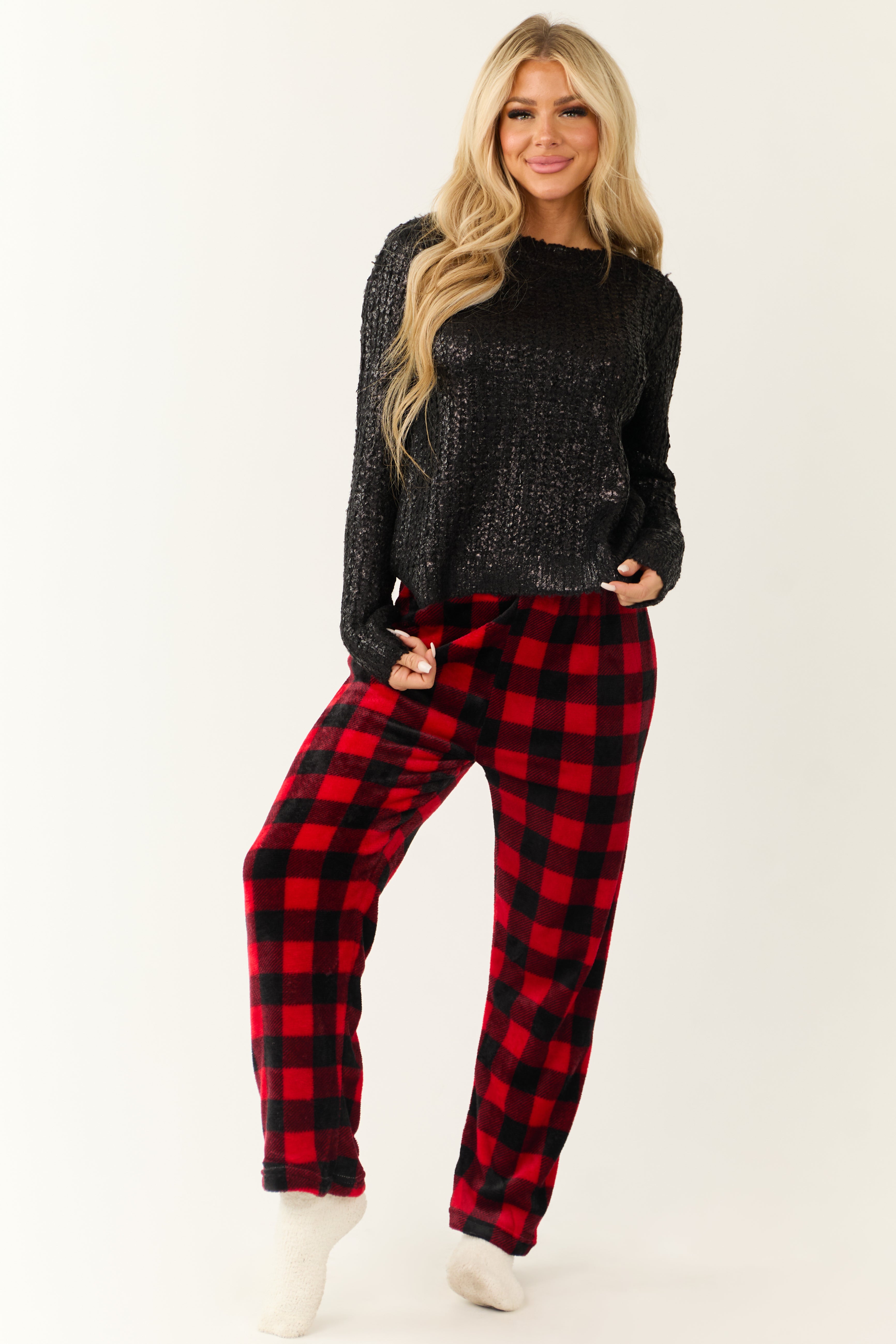 Ruby and Black Buffalo Plaid Fleece Pajama Pants Lime Lush Boutique