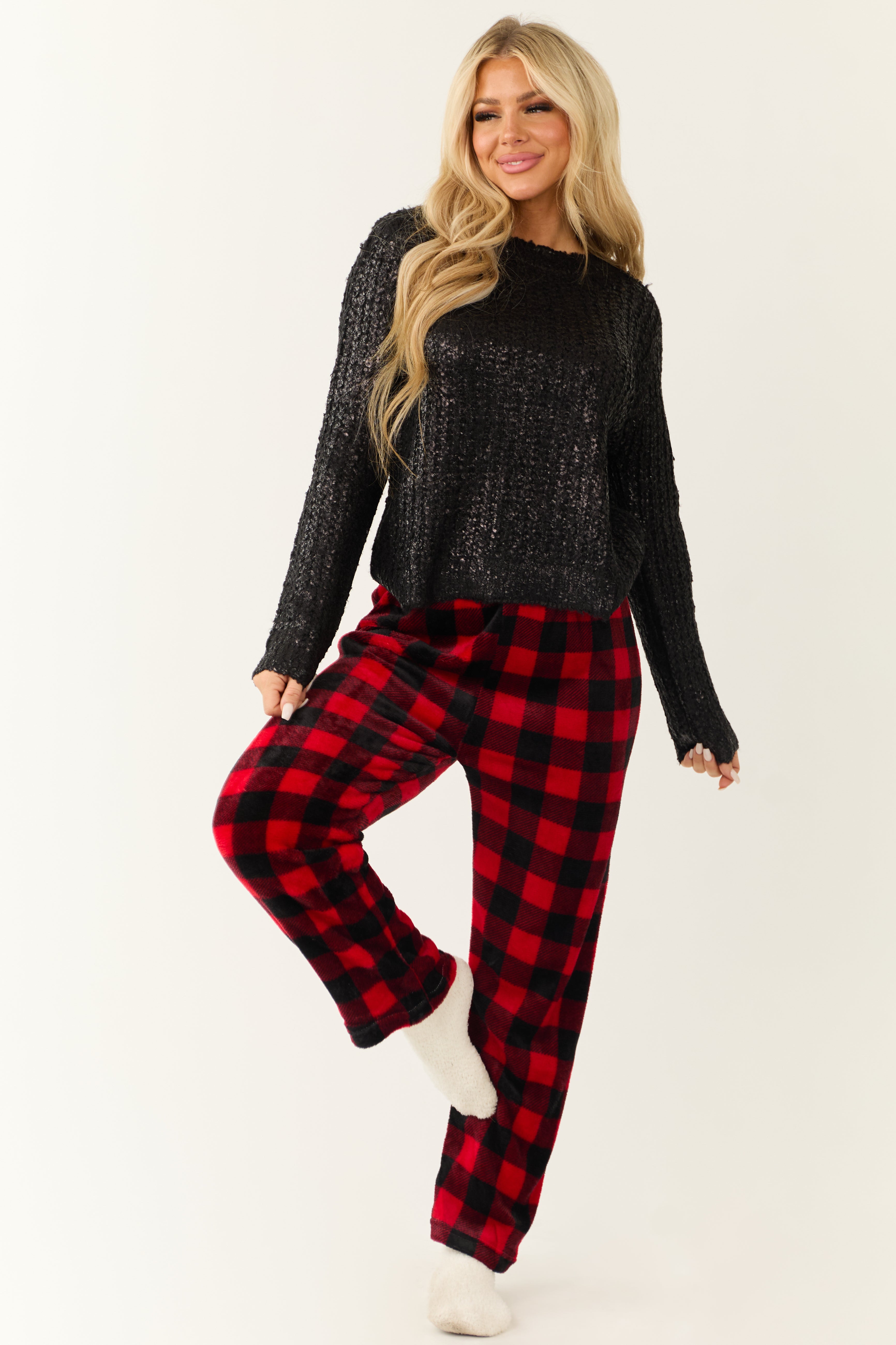 【EEUN】[SET UP] Terry bookle pajama pt Ruby and Black Buffalo Plaid Fleece Pajama Pants | Lime Lush