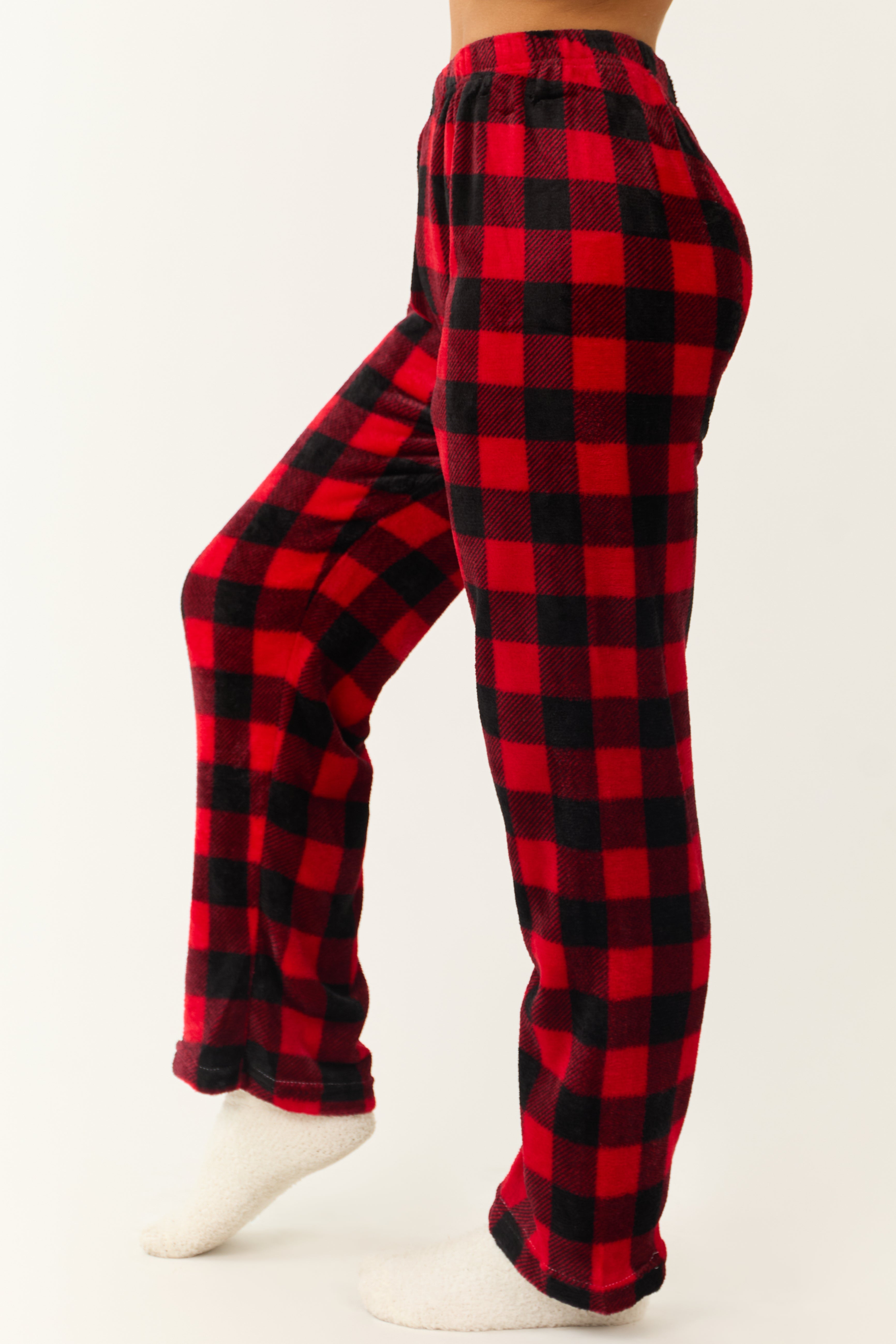 Ruby and Black Buffalo Plaid Fleece Pajama Pants Lime Lush Boutique