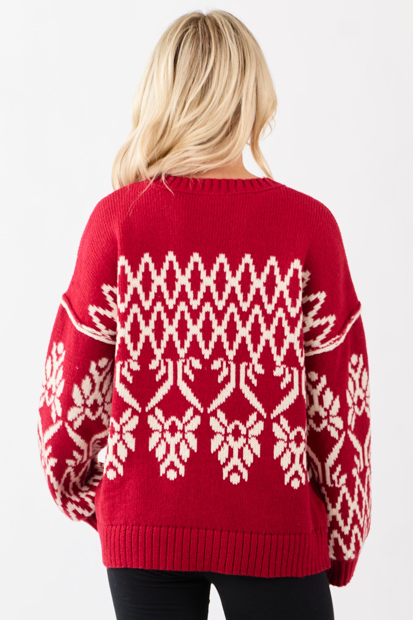 Ruby and Cream Fair Isle Pattern Relaxed Sweater