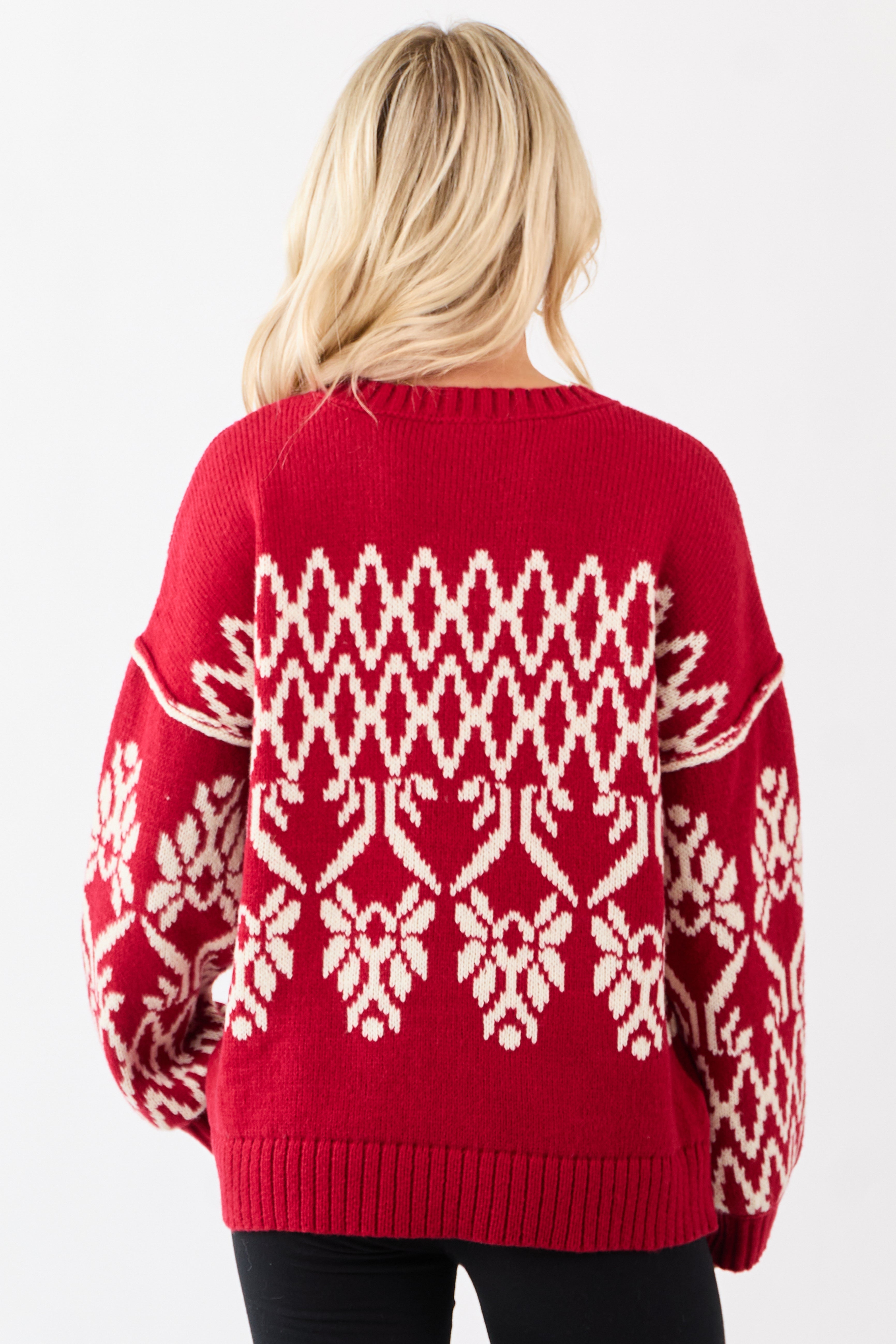 Ruby and Cream Fair Isle Pattern Relaxed Sweater
