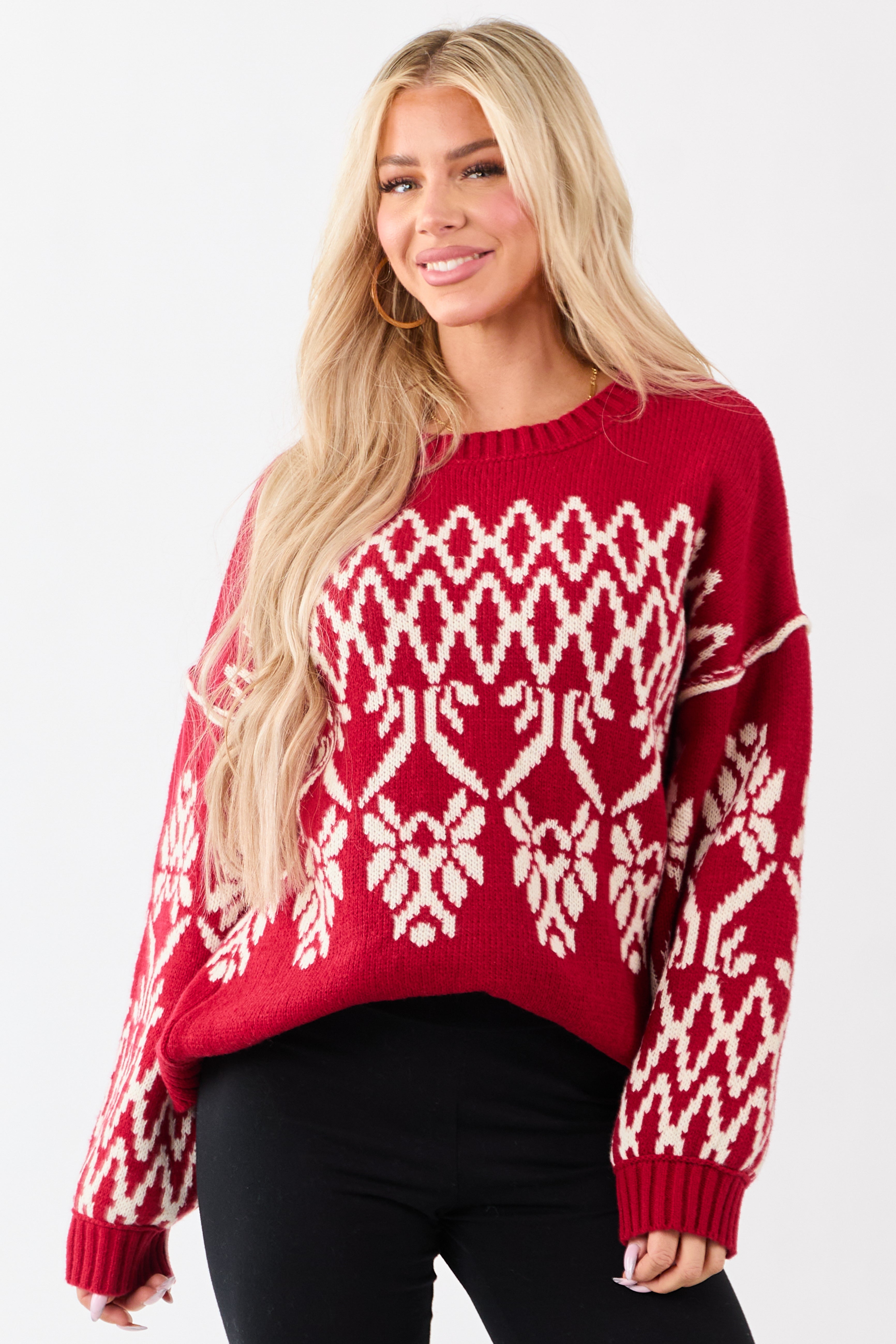 Ruby and Cream Fair Isle Pattern Relaxed Sweater
