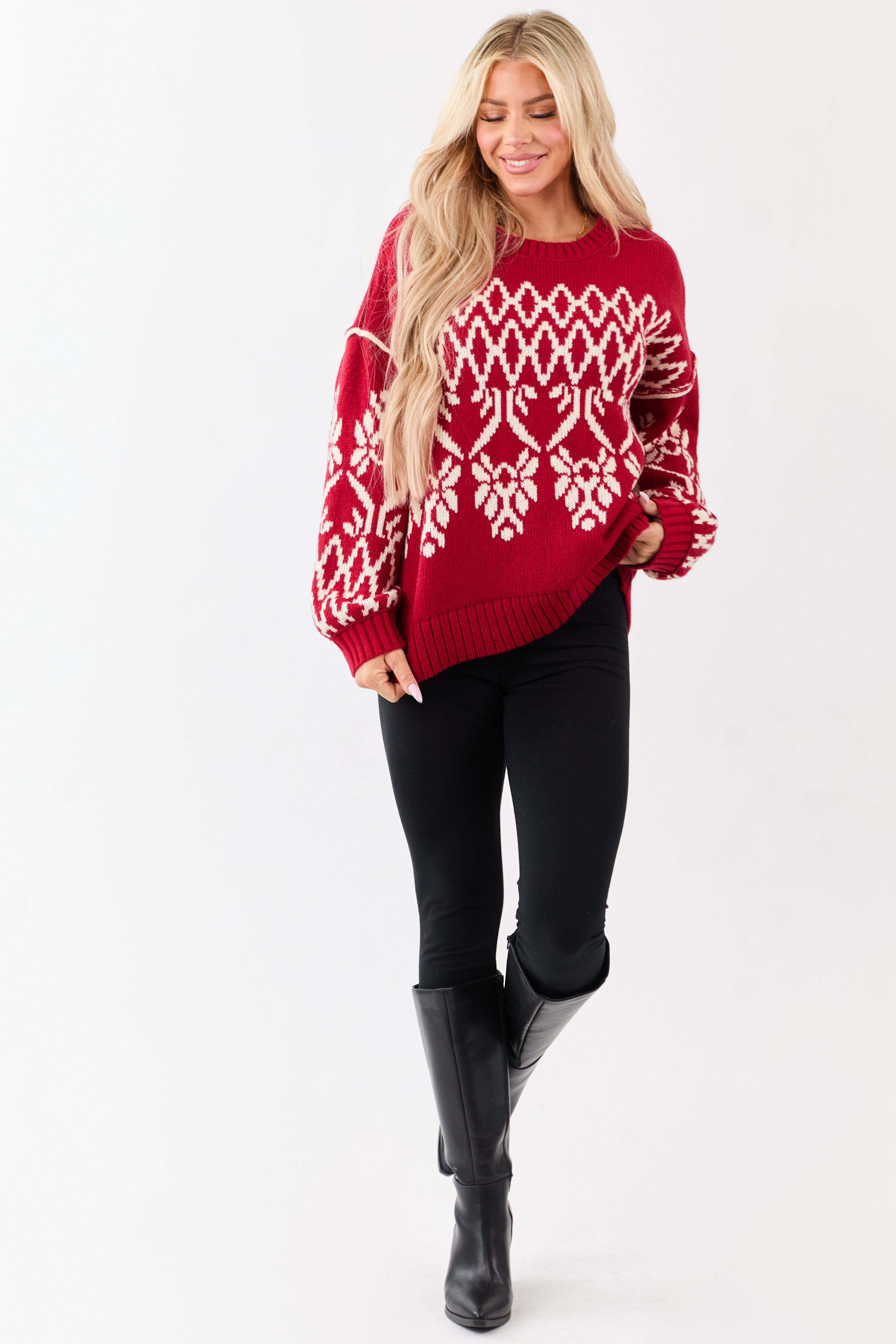 Ruby and Cream Fair Isle Pattern Relaxed Sweater