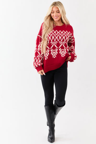 Ruby and Cream Fair Isle Pattern Relaxed Sweater