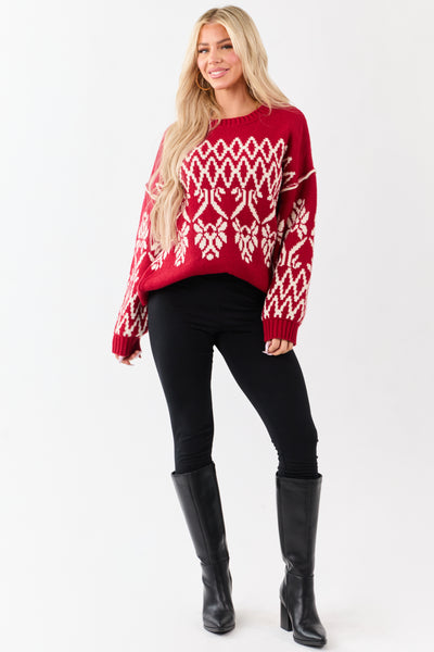 Ruby and Cream Fair Isle Pattern Relaxed Sweater