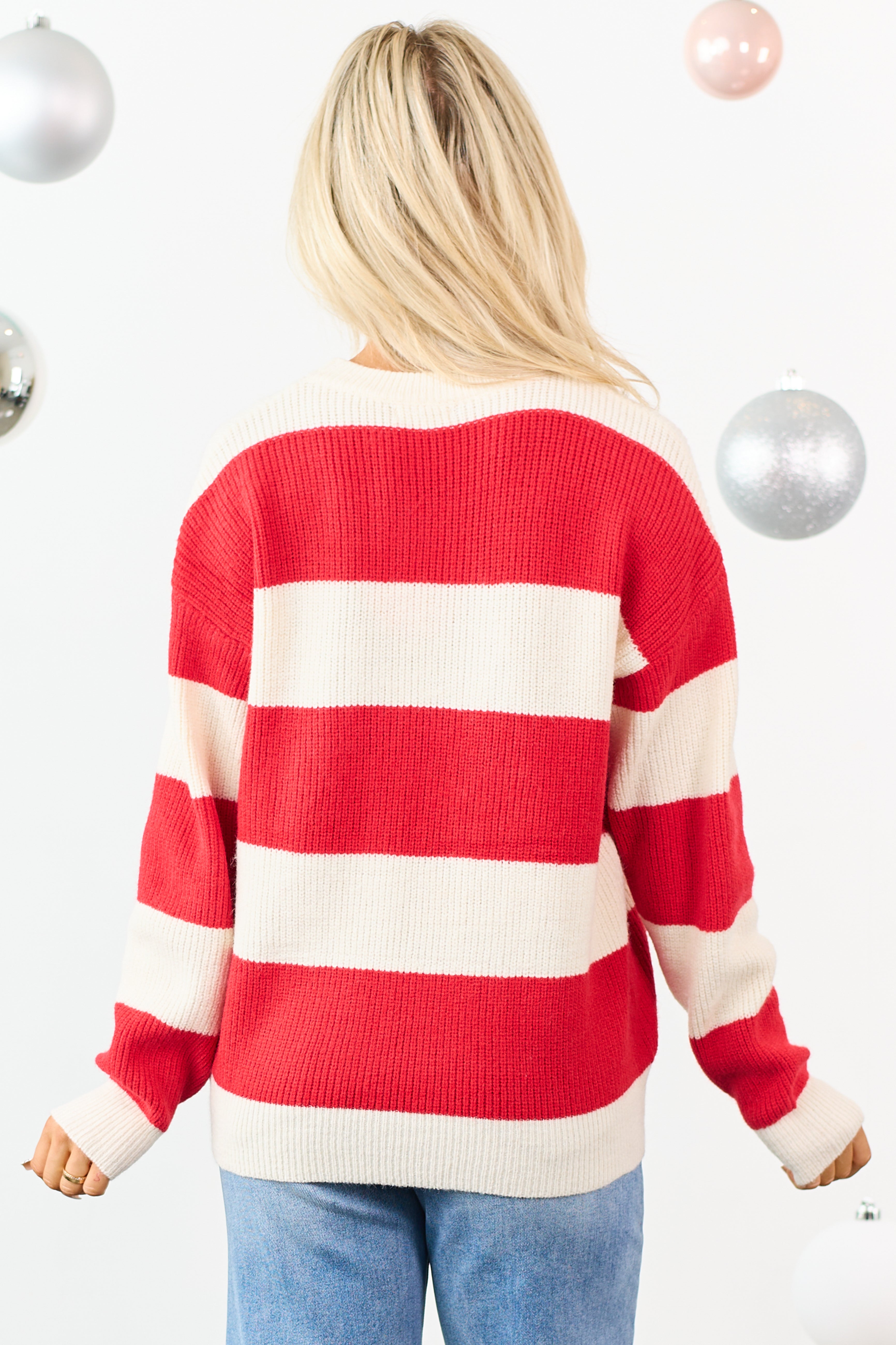 Ruby and Cream Striped 'Noel' Graphic Knit Sweater