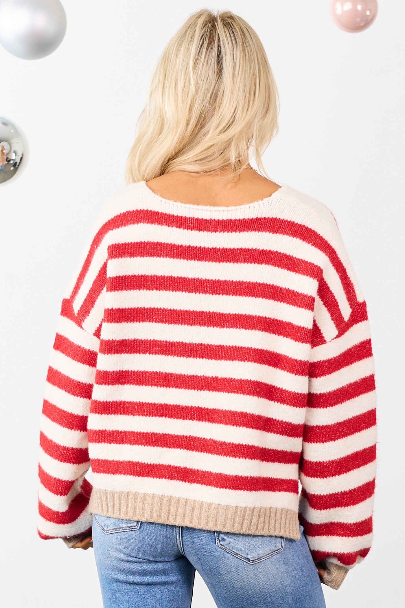 Ruby and Ivory Striped Wide V Neck Sweater
