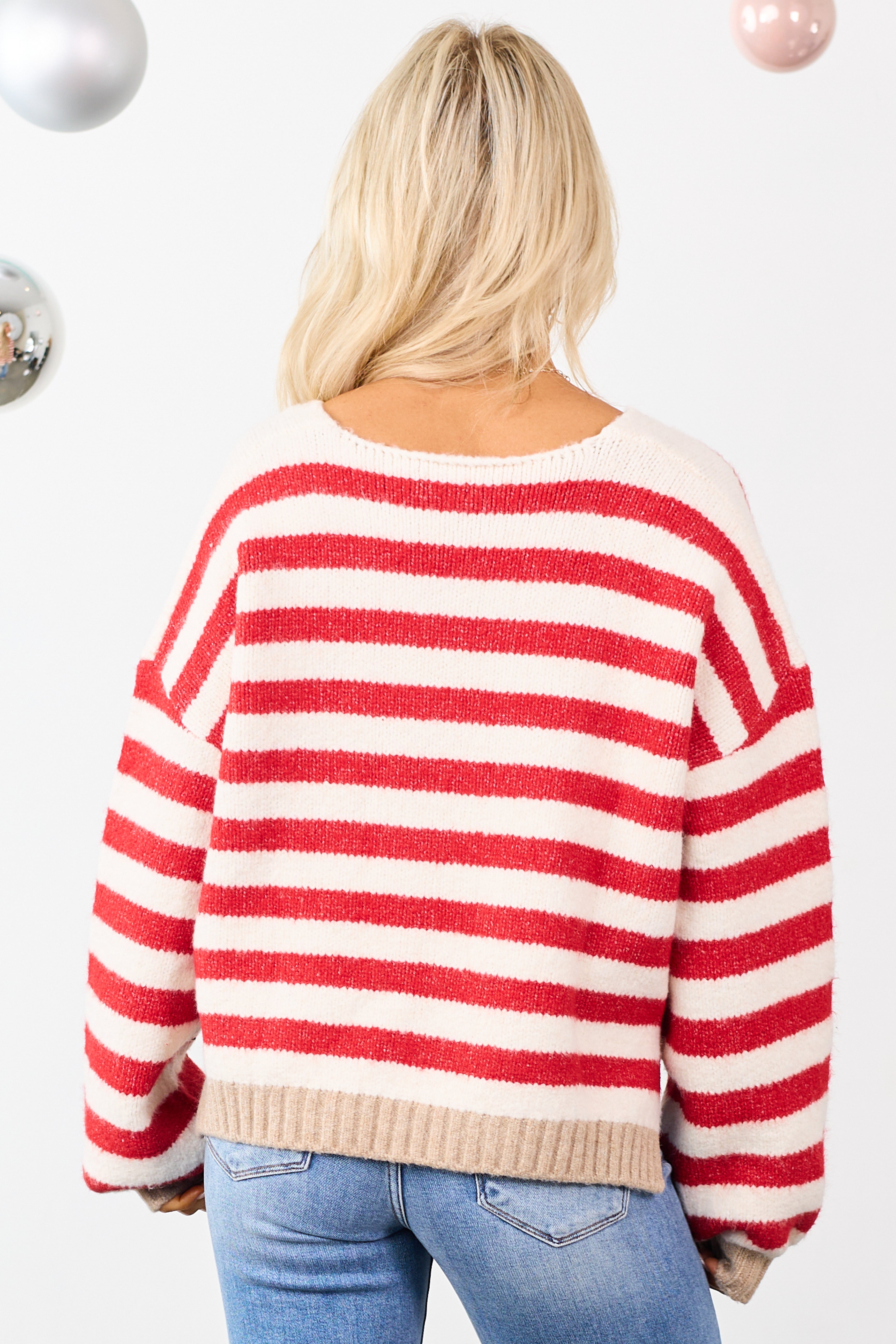 Ruby and Ivory Striped Wide V Neck Sweater